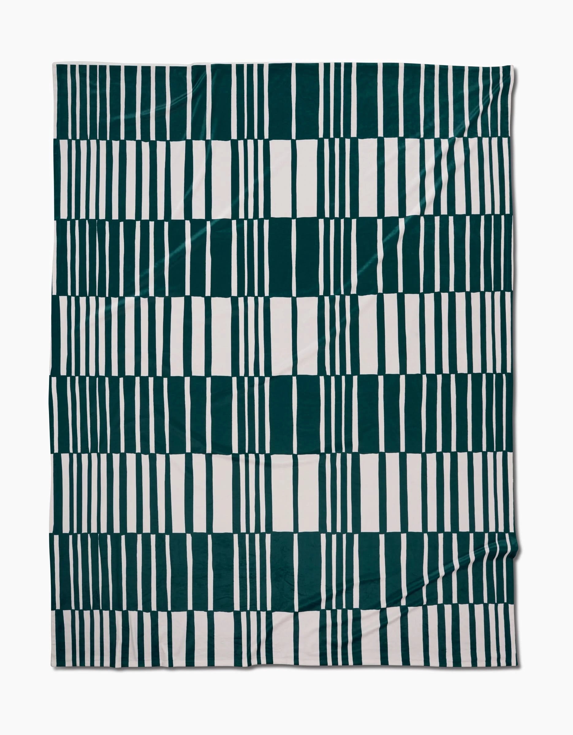 The Verdelia by Geometry is a rectangular textile featuring dark green and white stripes in a geometric grid design on a flat, slightly wrinkled surface, crafted from recycled materials for sustainability.