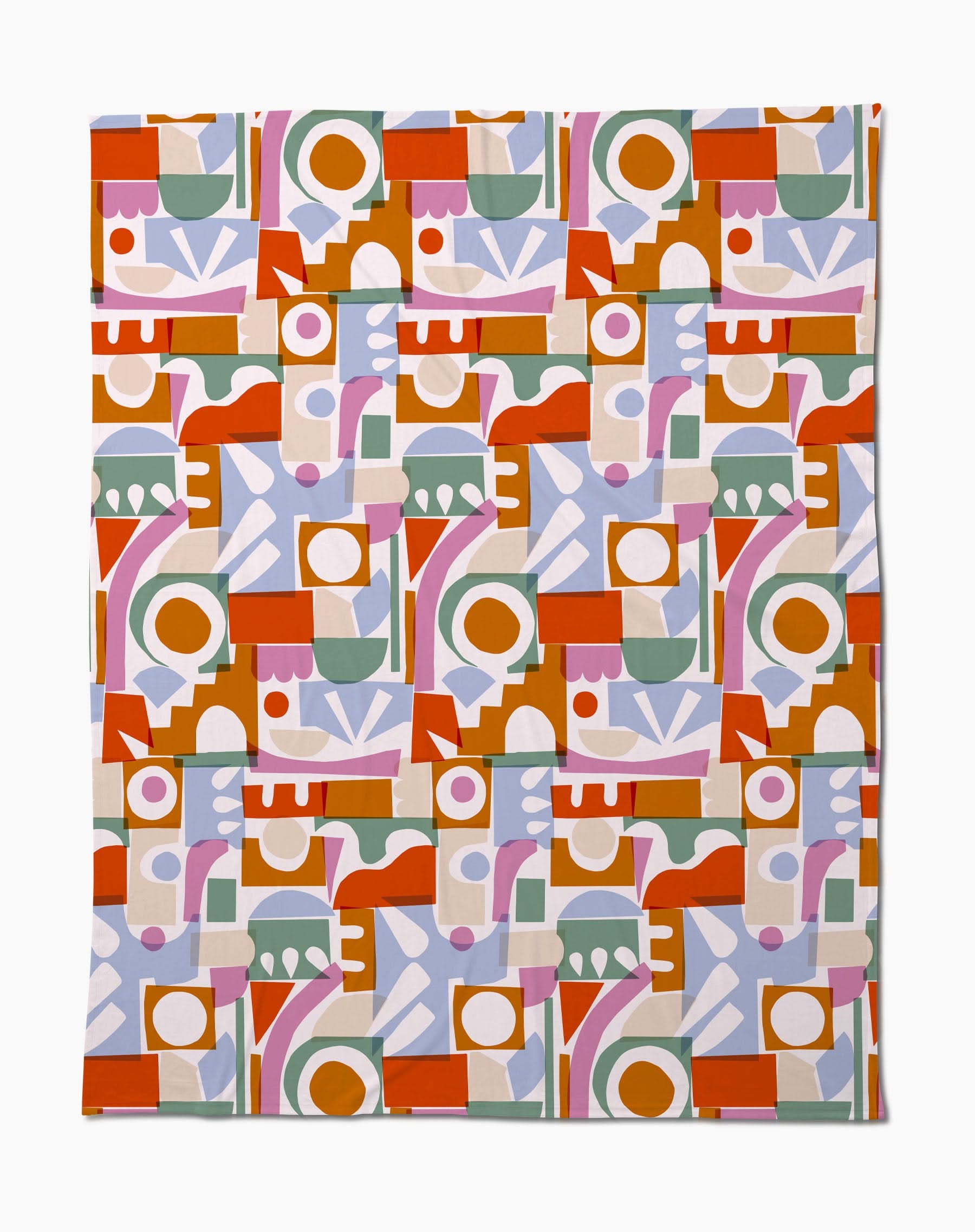 The Soft Cutouts Garden Butter Blanket by Claire Iglesias features colorful geometric shapes—circles, rectangles, and arches in red, orange, green, pink, lilac, and white on a light background—crafted from eco-friendly recycled materials.