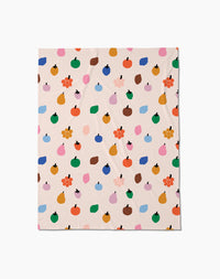 The Fruit Basket Butter Blanket by Jennifer Bouron features colorful, abstract fruit and flower shapes in blue, green, orange, pink, brown, and red on a light beige background—an eco-friendly choice.