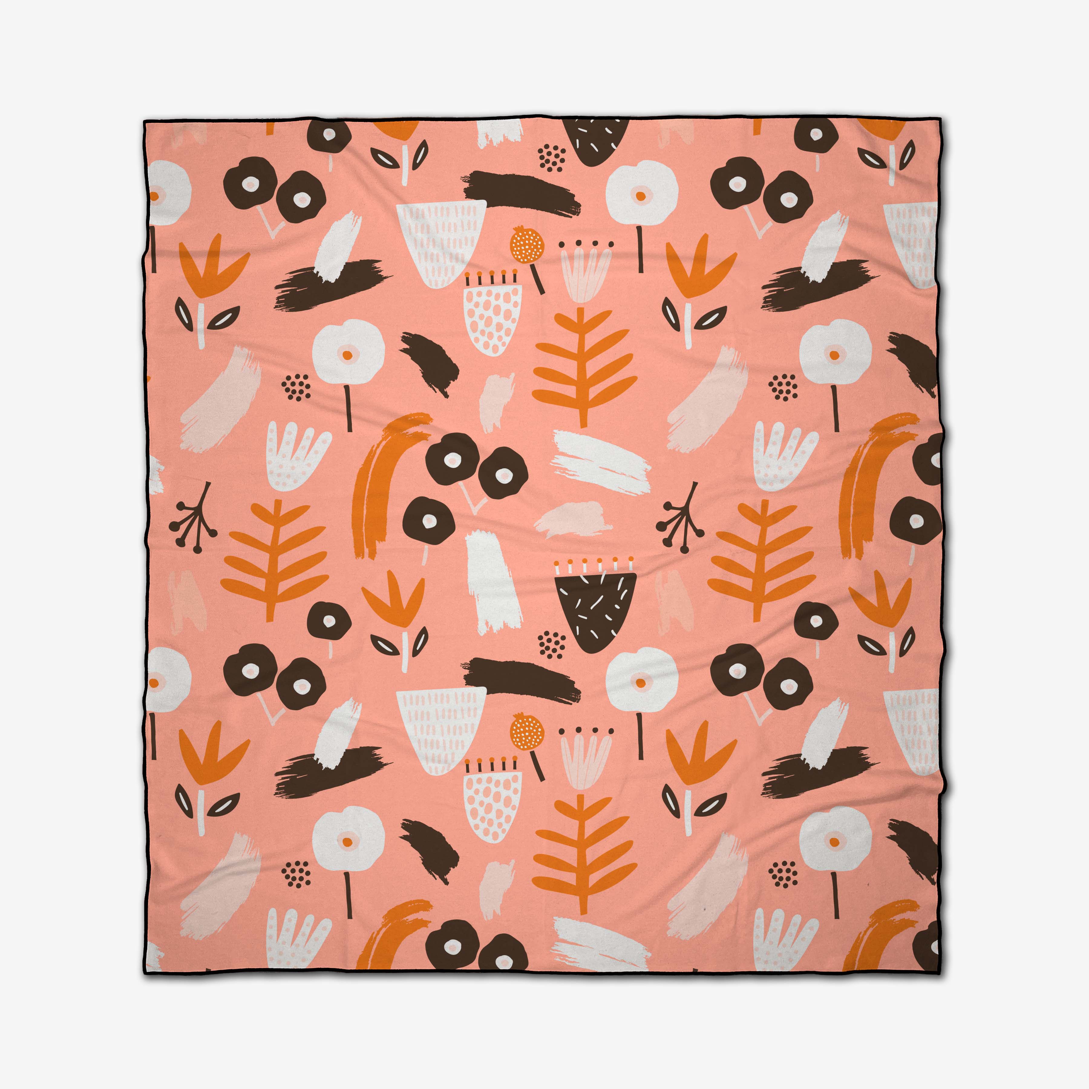 The Fall Flowerbed recycled beach blanket by Marina Solodka features a pink background with an abstract floral pattern in white, black, orange, and peach tones, showcasing scattered stylized flowers, leaves, and brushstrokes.