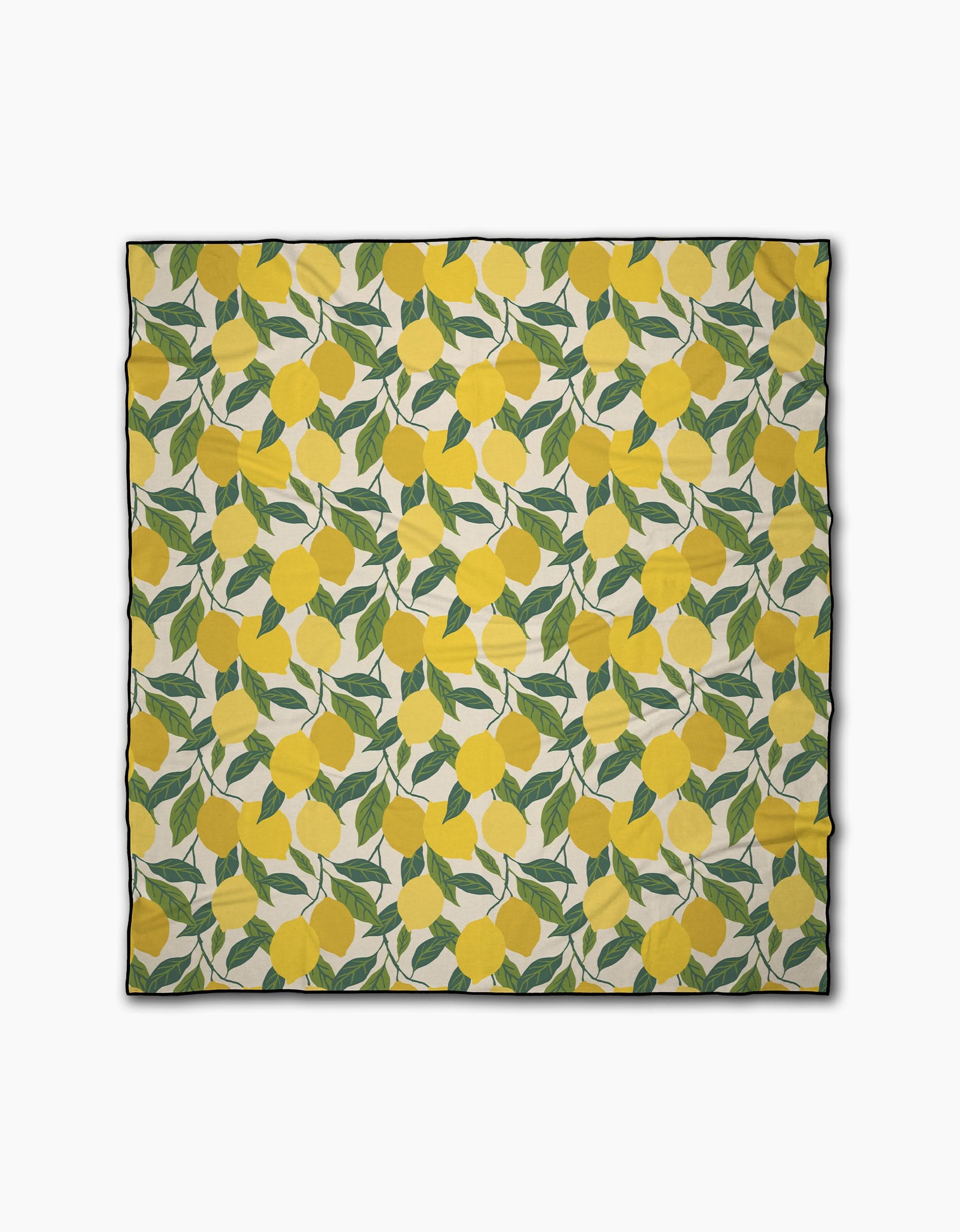 Fresh Start by Susan Heid: a square fabric scarf with a repeating yellow lemon and green leaf pattern on a light background, finished with a thin black border, inspired by the fresh style of Geometry Micro-loop Beach Blanket.