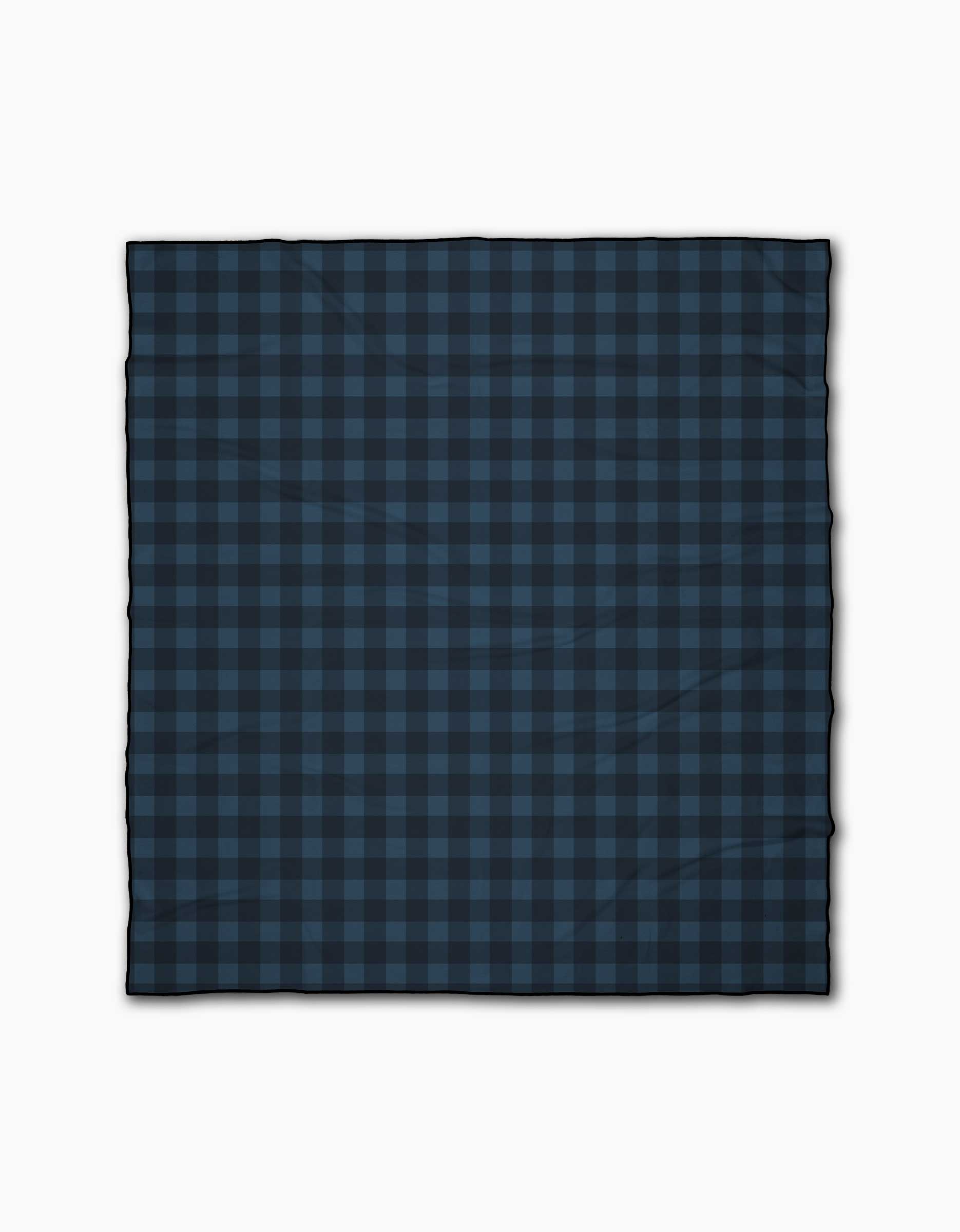 The Modern Dads Game Day is a square beach blanket with a navy blue and black buffalo check plaid, made from quick-drying recycled materials, shown flat against a white background.