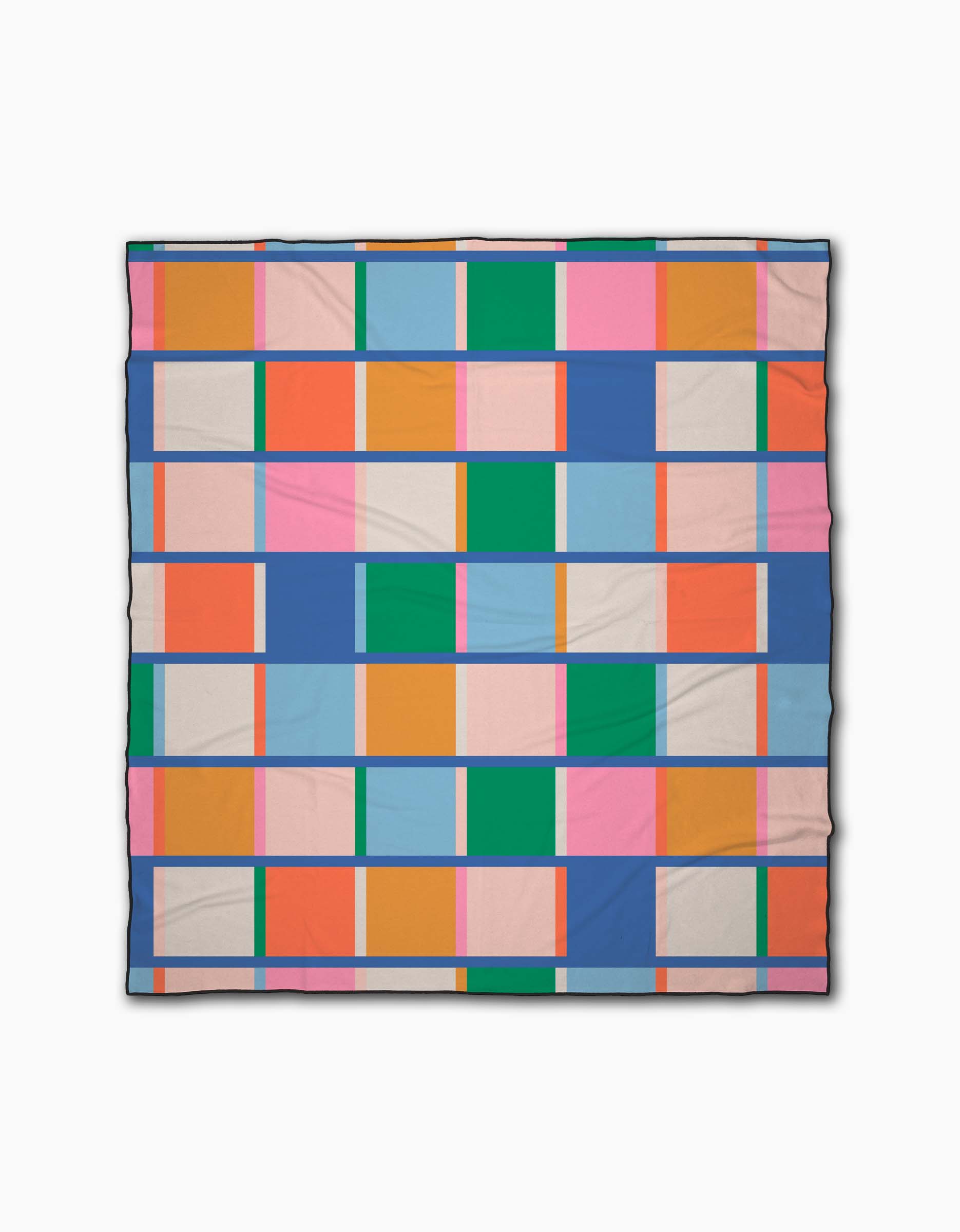 The Jennifer Bouron Grid Micro-loop Beach Blanket features a geometric pattern of colorful rectangles and squares on white, is made from recycled materials, and dries quickly for added convenience.