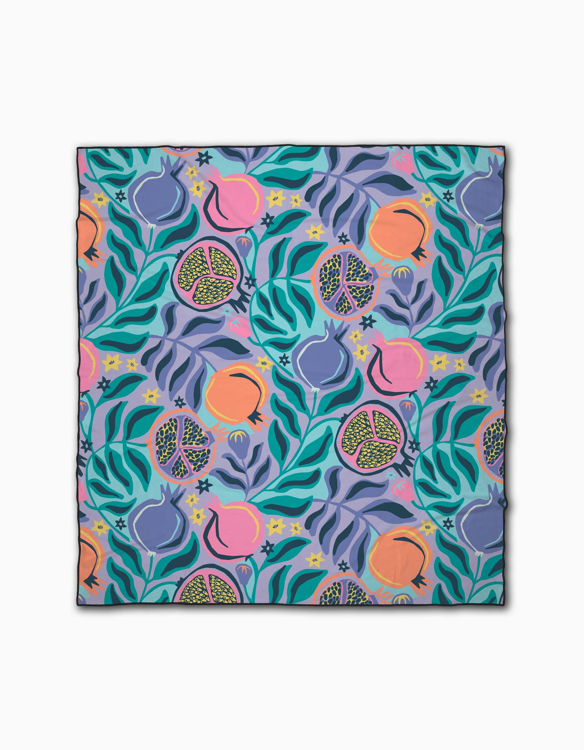 The Lucky Pomegranate scarf by Masha Volnova is a colorful square accessory made from recycled materials, featuring whole and halved pomegranates, green leaves, and yellow stars on a blue background with pink, orange, purple, and green accents.
