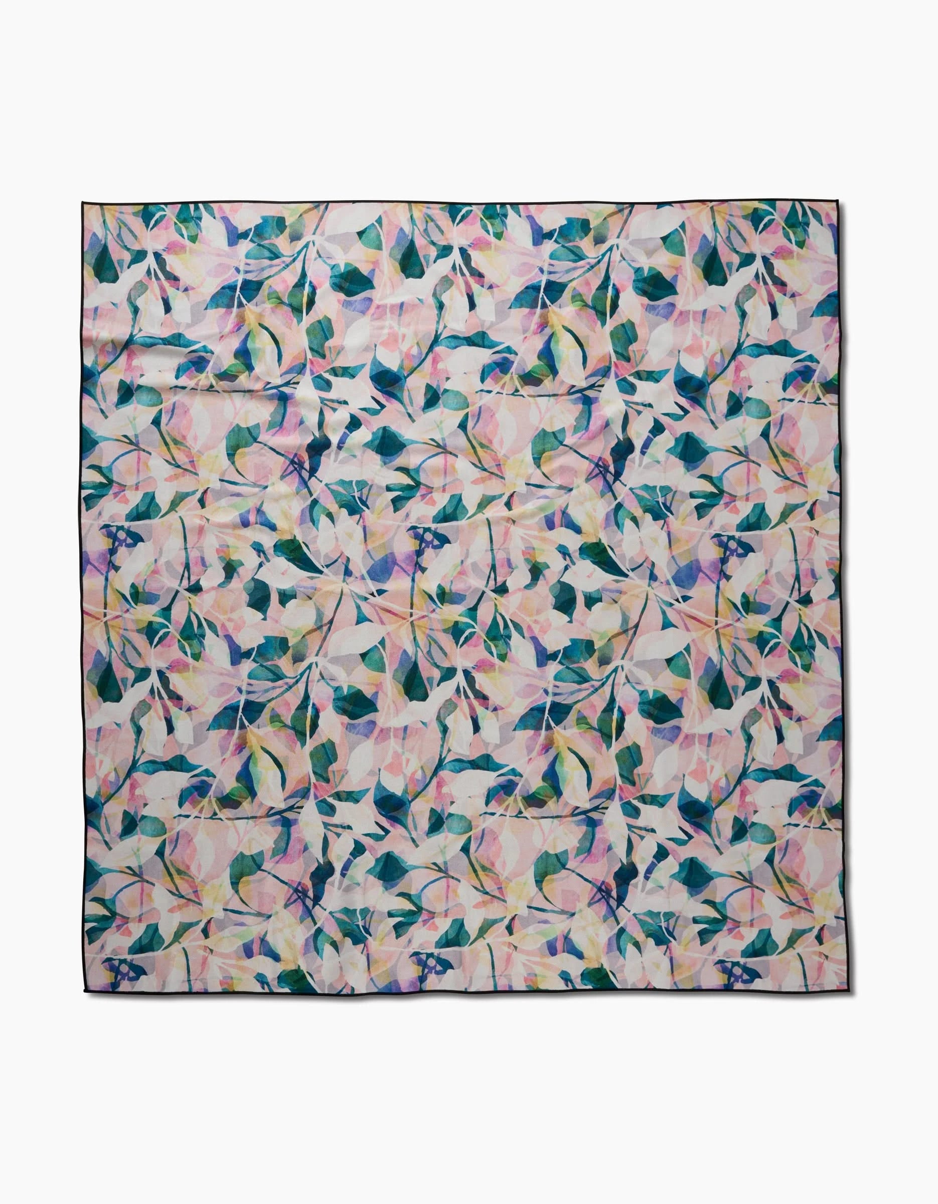 Painted Foliage by Rachel Parker is a square silk scarf with a colorful abstract floral pattern in pink, green, blue, and white on a light background—crafted from recycled materials for eco-friendly style.