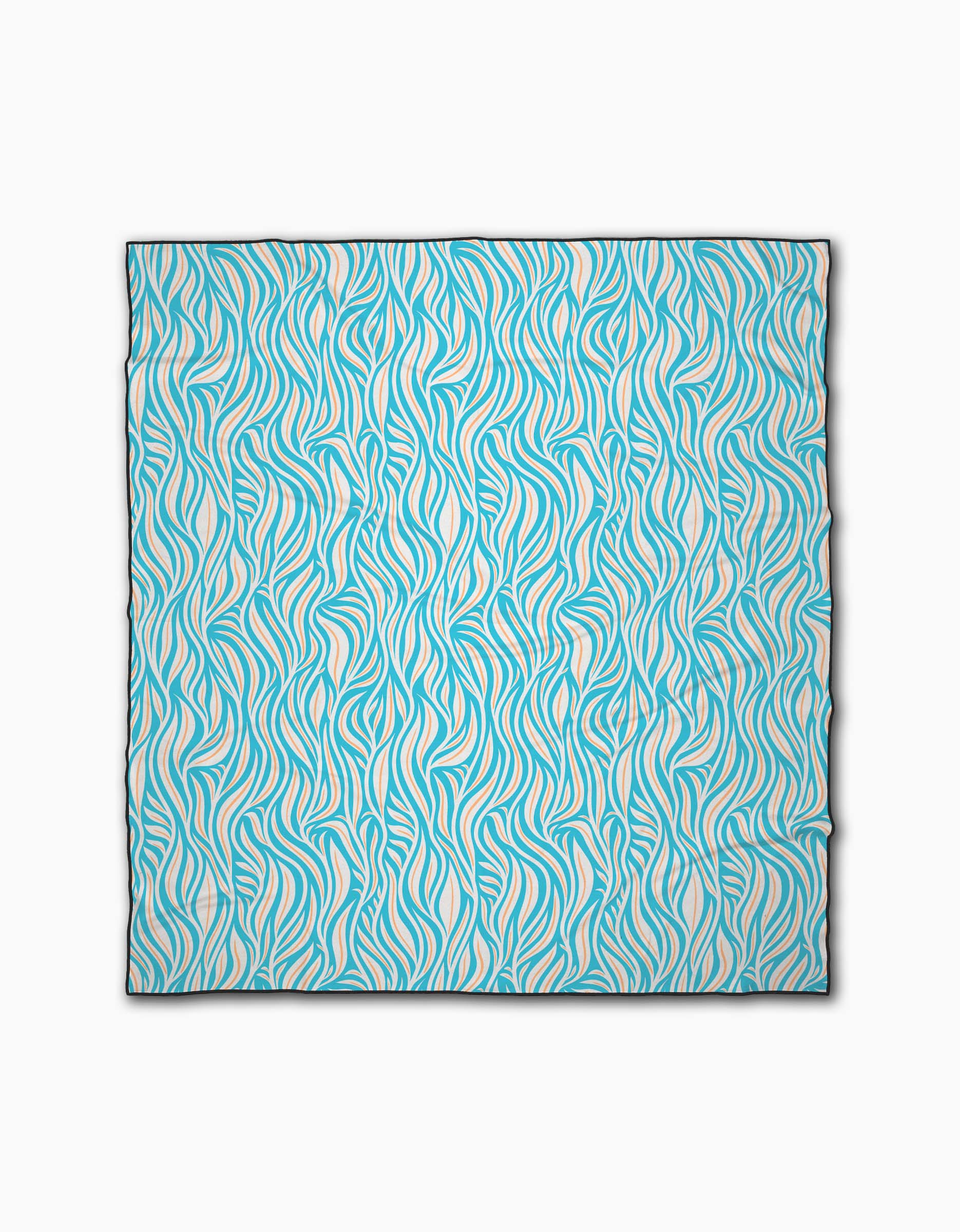 The Sky Willow Wave by Rachel Parker is a square micro-loop beach blanket featuring teal and beige abstract waves on white. Made from quick-drying, recycled fabric, it offers eco-friendly comfort and style for your beach days.