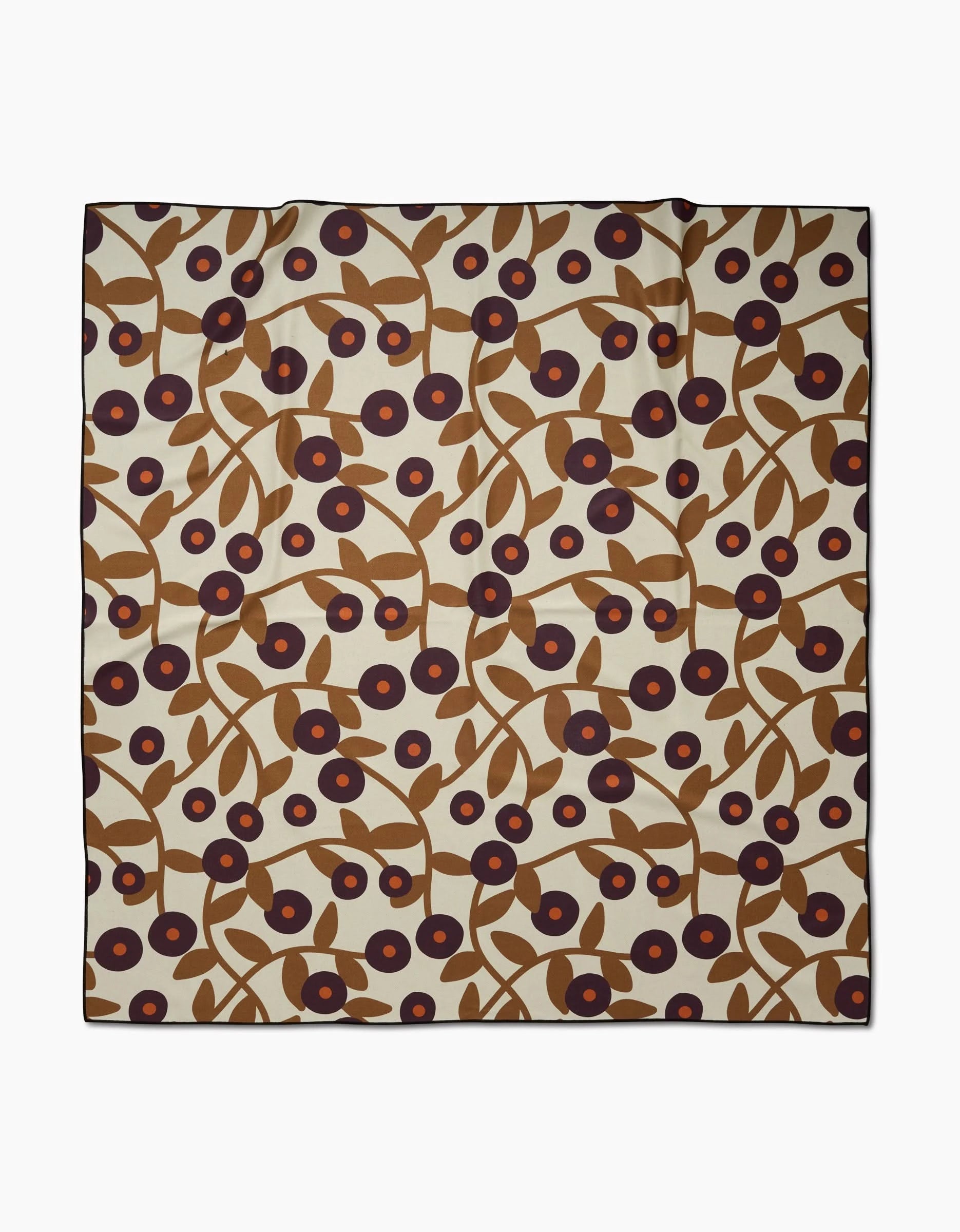 The Swirling Vines square scarf by Lizzie Clark features a cream background with brown branches, leaves, and dark red flowers with navy centers—crafted from soft recycled beach blanket material.