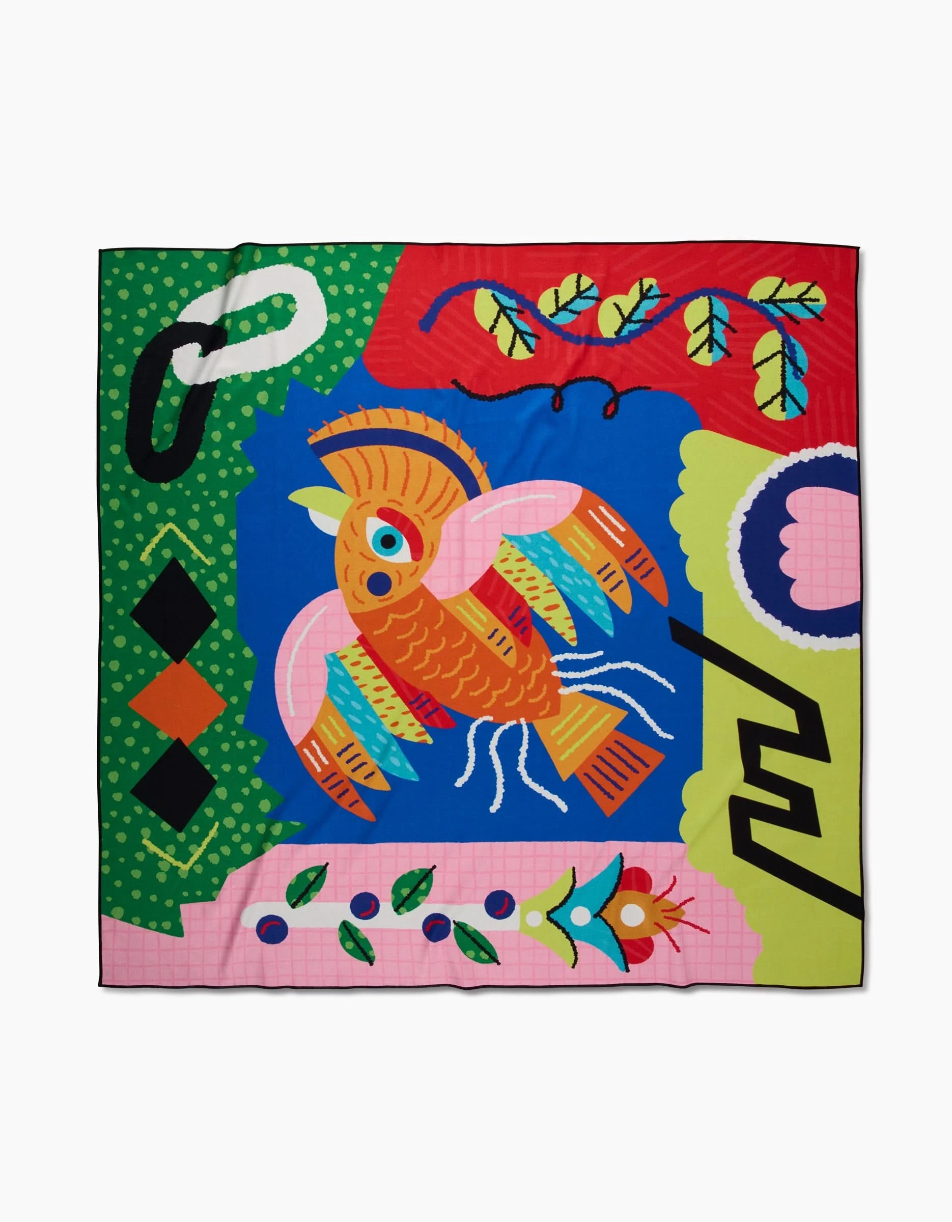 The Tropical Bird scarf by Camila Leão is a vibrant square accessory made from recycled materials, showcasing abstract designs with bold geometric shapes and lively red, green, blue, pink, yellow, and black patterns.