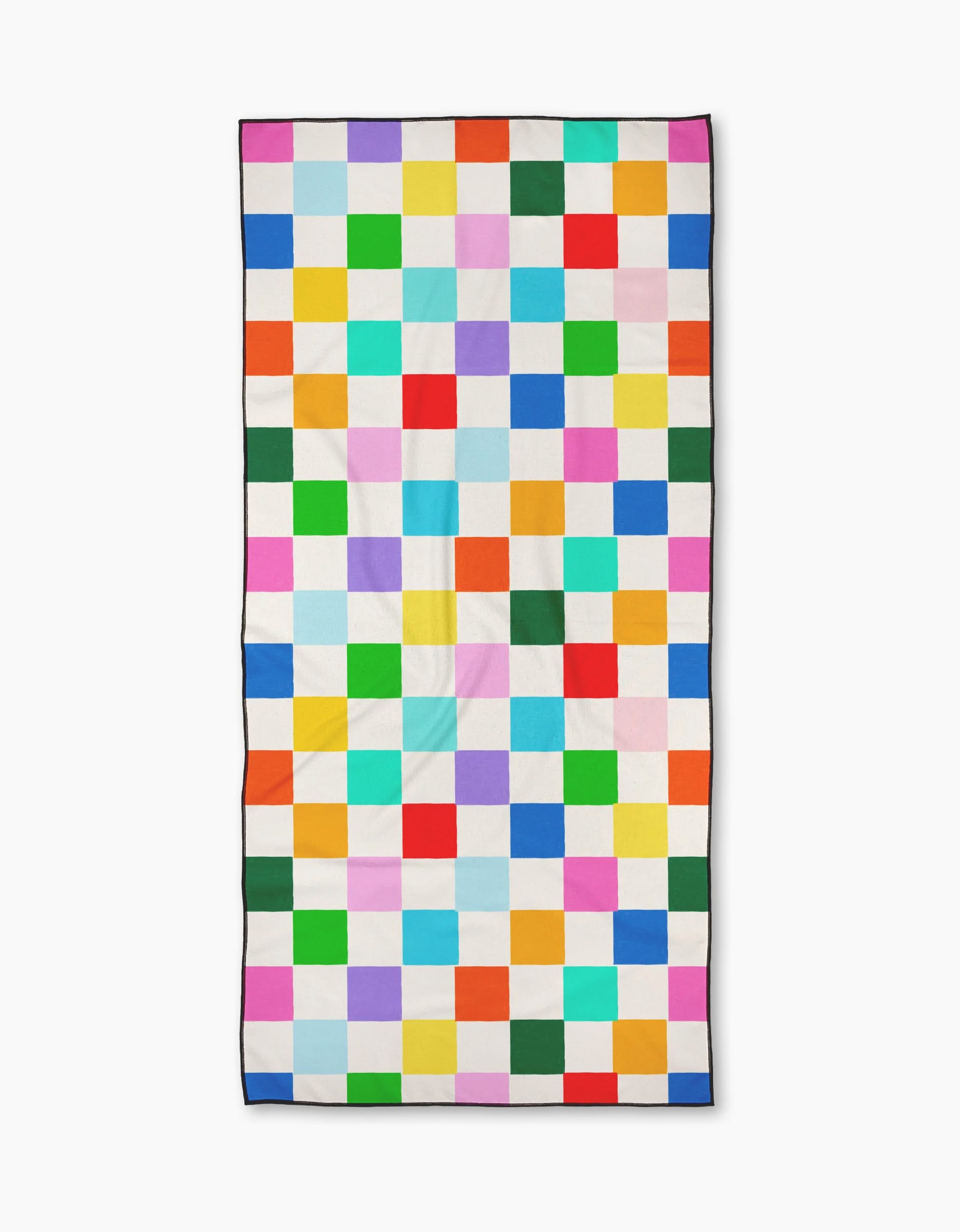 The Dance Floor Beach Towel by Vaishali Design Studio features a colorful rectangular checkerboard pattern of bright squares on a white background. This stylish and quick-drying micro-loop towel is both practical and eye-catching.