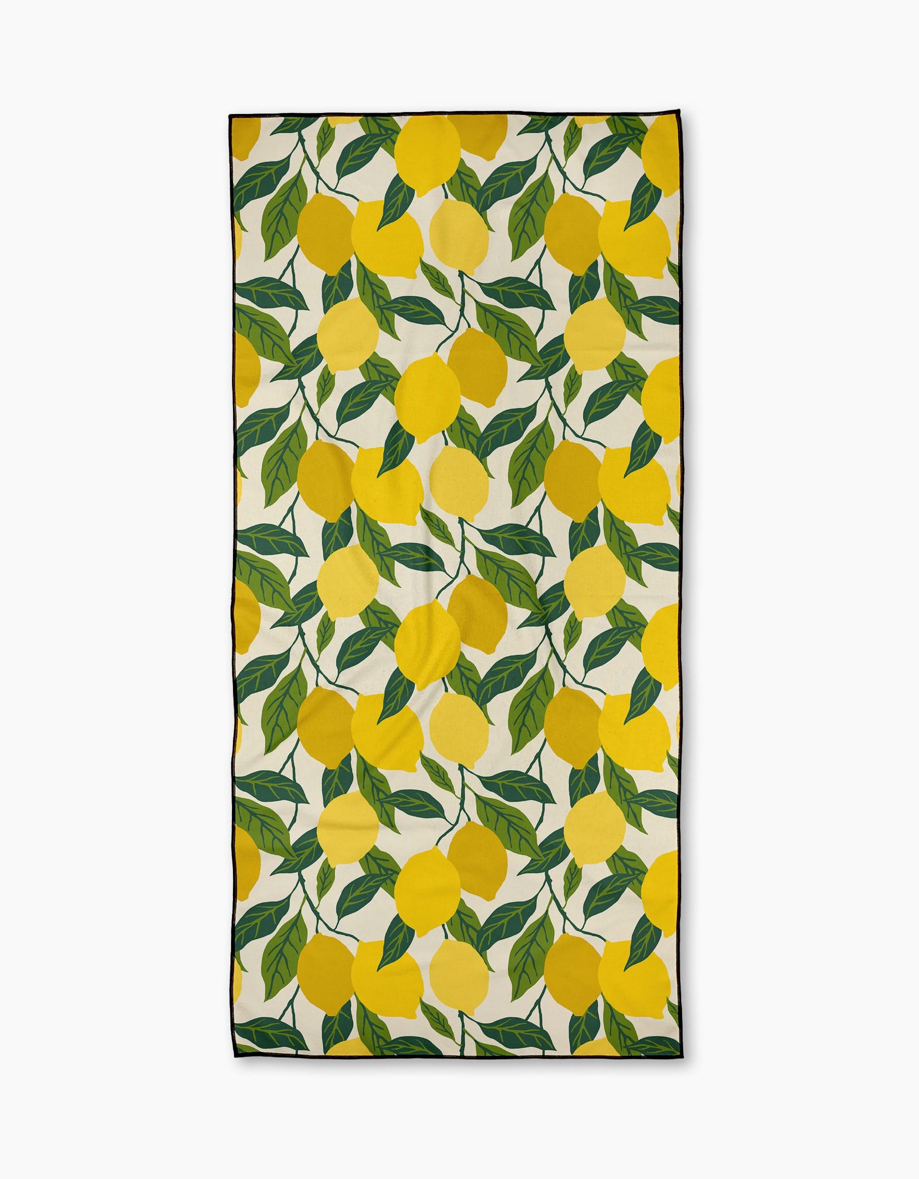 The Fresh Start beach towel by Susan Heid features a vibrant yellow lemon and green leaf pattern on white. Its quick-drying micro-loop fabric offers a fresh, summery style—ideal for lounging poolside or at the beach.