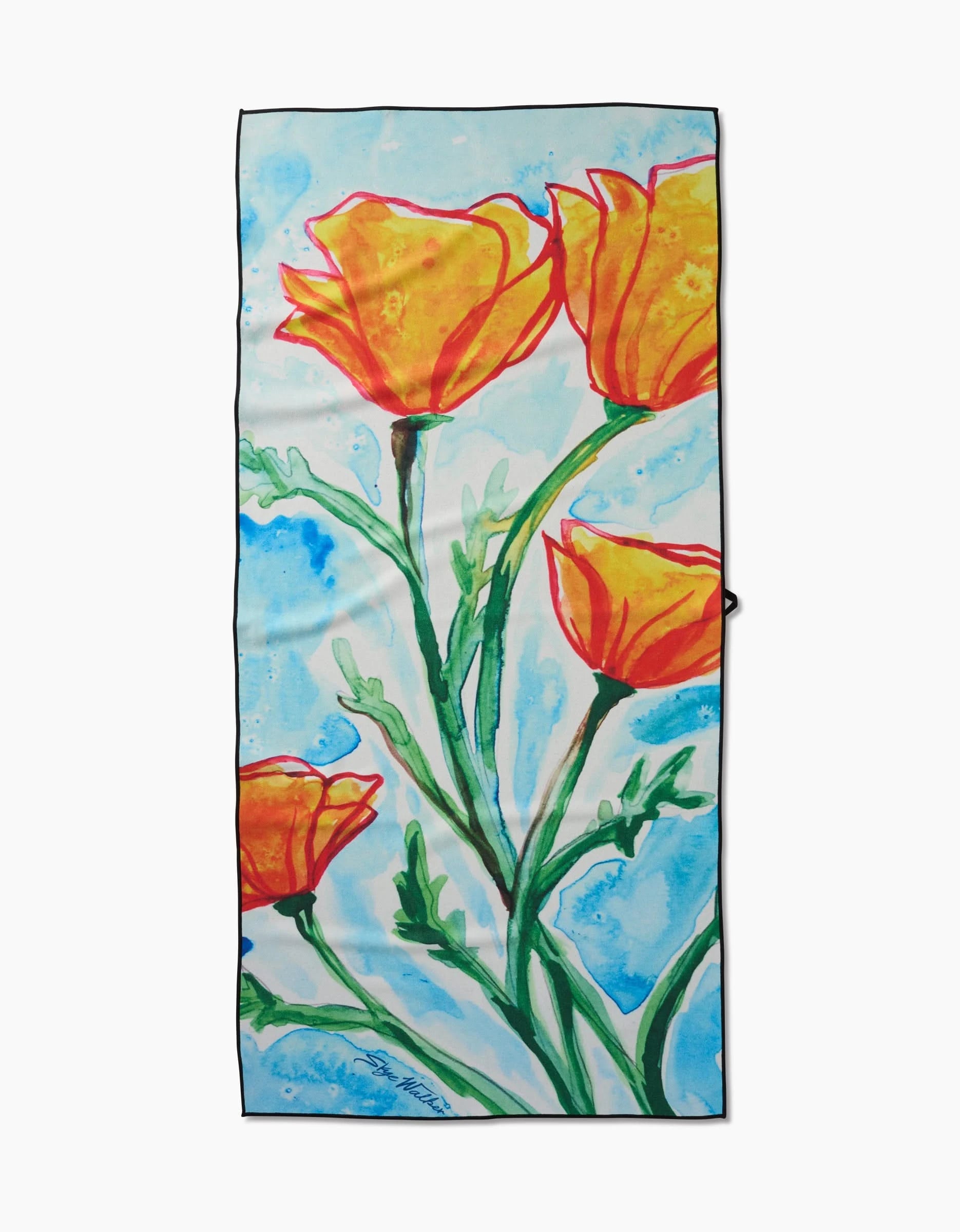 The Skye Walker Golden Poppy Flowers Geometry Micro-loop Beach Towel showcases four orange California poppies with green stems on a blue and white background, made from quick-drying recycled materials.