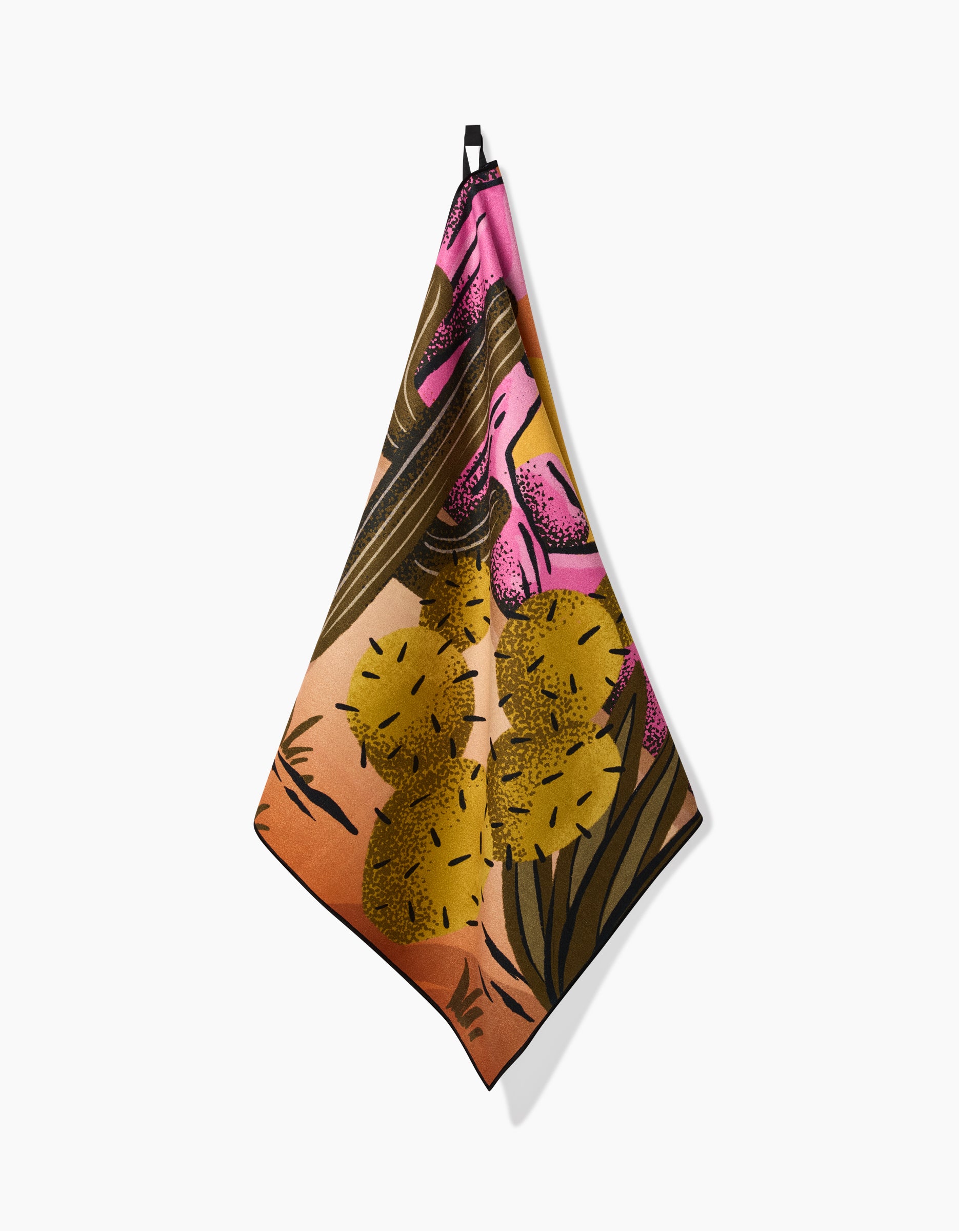 The In The Desert Micro-loop Beach Towel by Megan Roy features a colorful botanical design in yellow, green, pink, and brown, is made from post-consumer recycled materials, and offers quick-drying convenience.