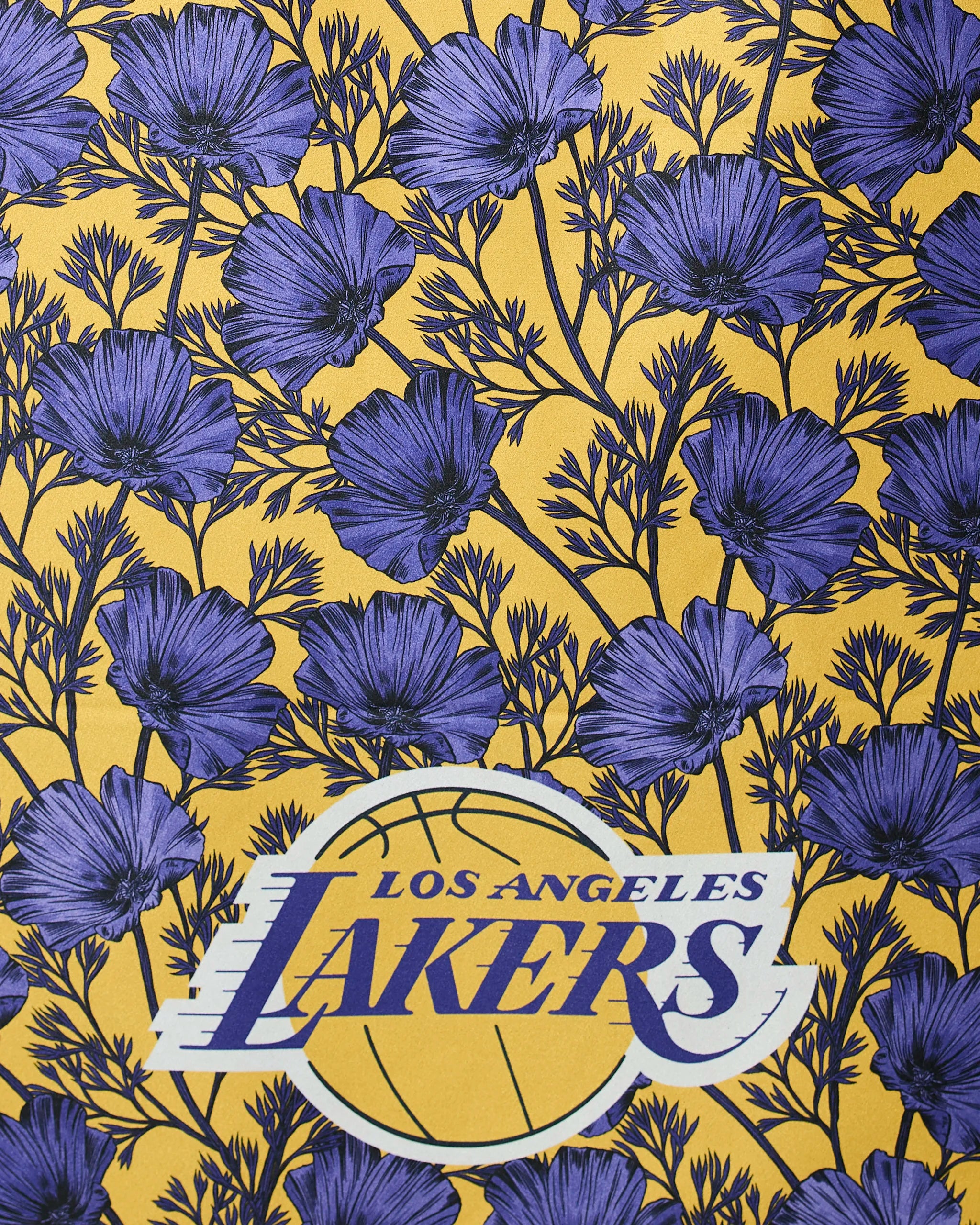 Lakers Floral by Geometry: yellow background with purple flowers, green stems, and the Los Angeles Lakers team logo in the center.