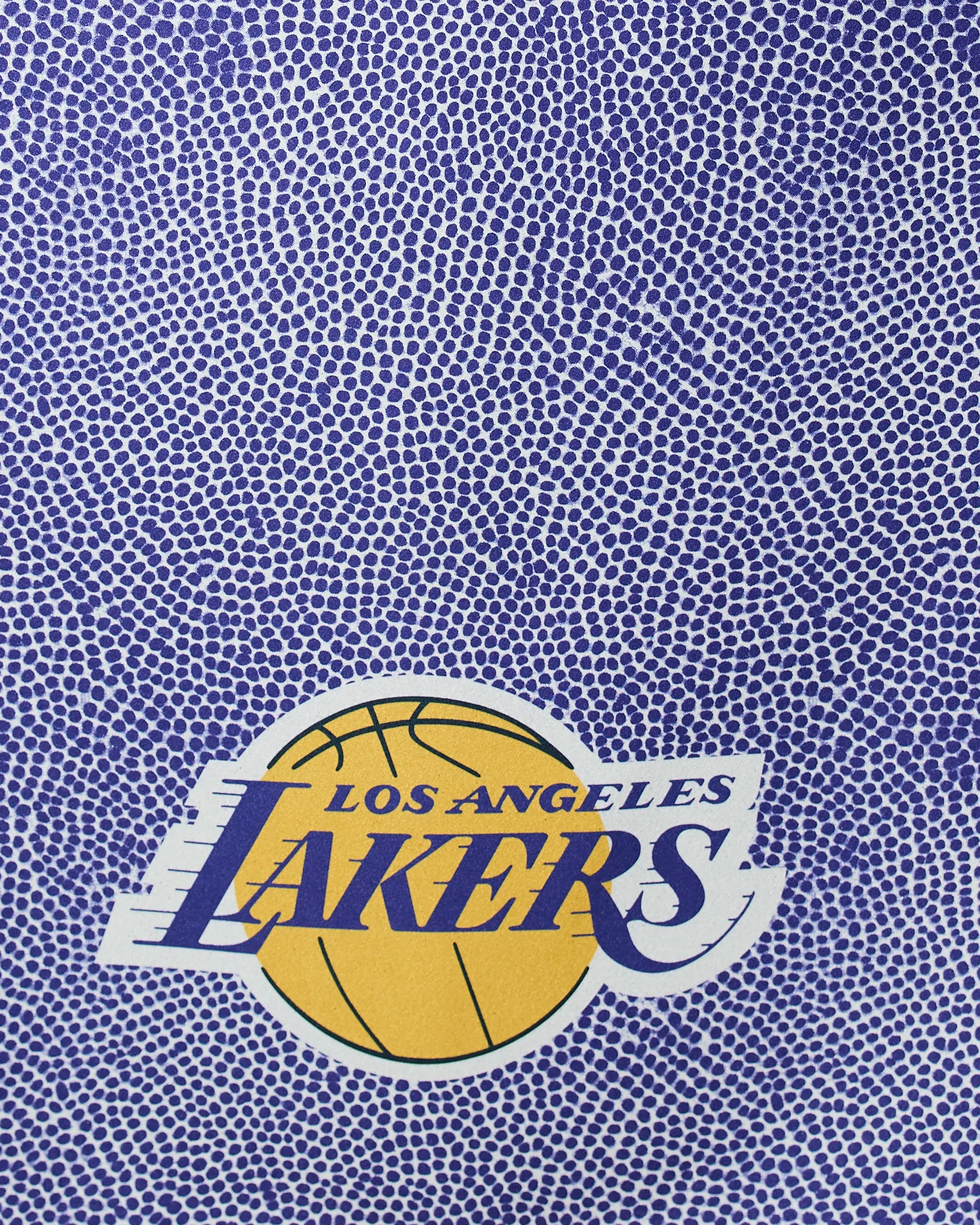The image shows the Geometry Lakers Grip, featuring the Los Angeles Lakers logo with a yellow basketball and blue-and-white team name on a textured background resembling basketball leather with small blue dots.