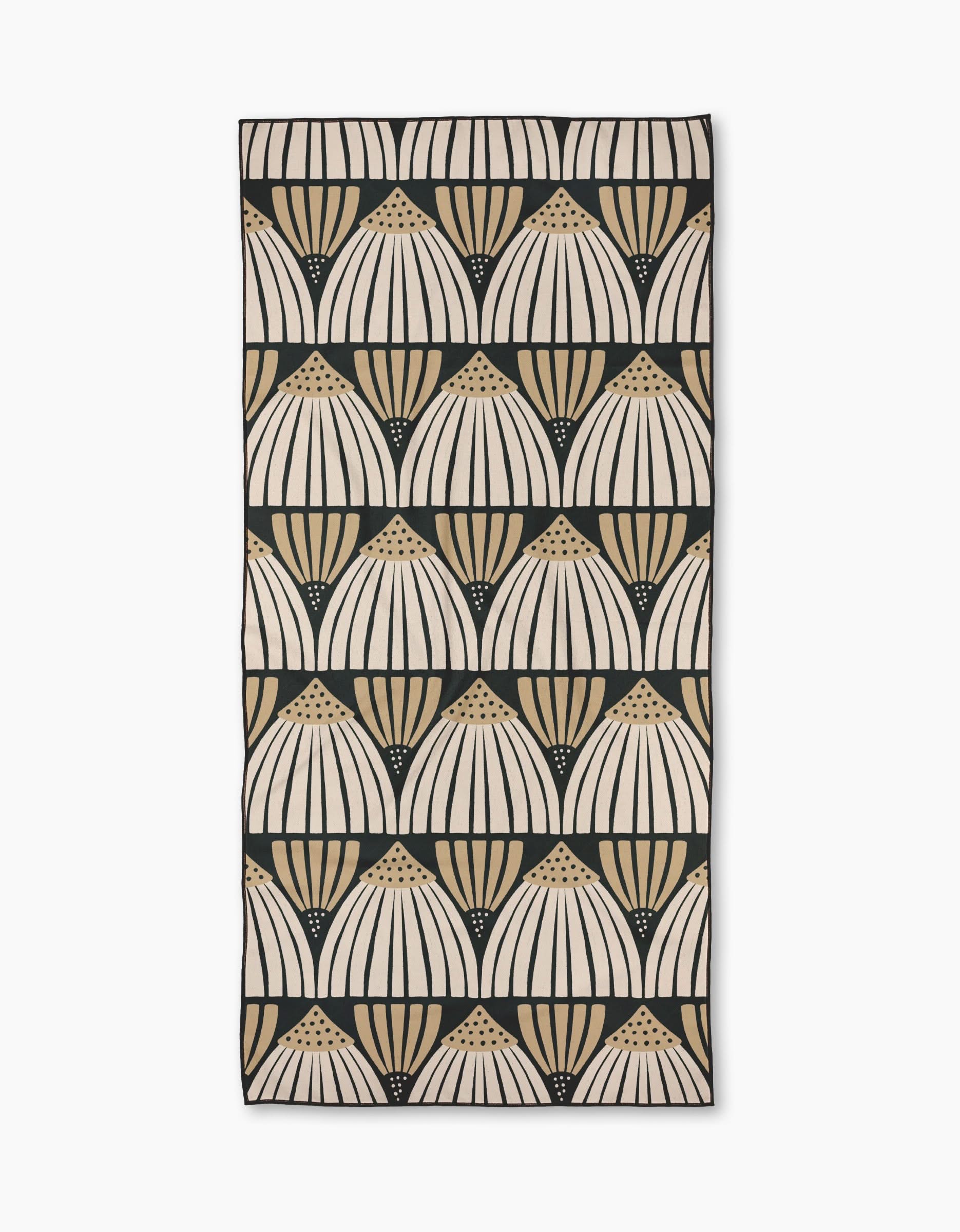 Letitia by Amy MacCready is a rectangular, quick-drying beach towel with beige and tan semi-circular fan patterns on black. Its geometric, Art Deco-inspired design brings modern elegance to your beach essentials.