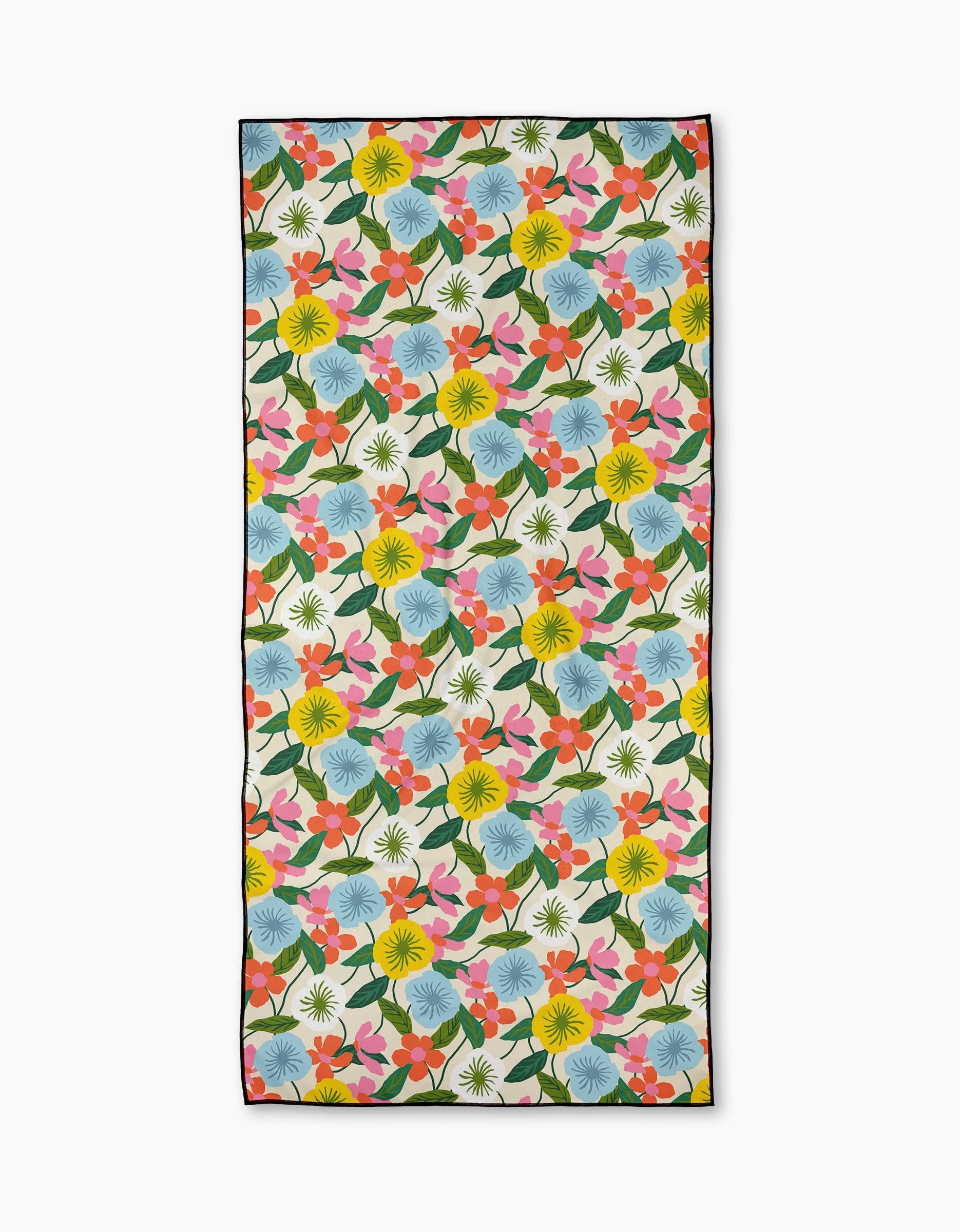 The New Mercies recycled beach towel by Susan Heid features a vibrant floral design—yellow, blue, pink, and red flowers with green leaves on white—plus a thin black border. Quick-drying and ideal for stylish days by the water.