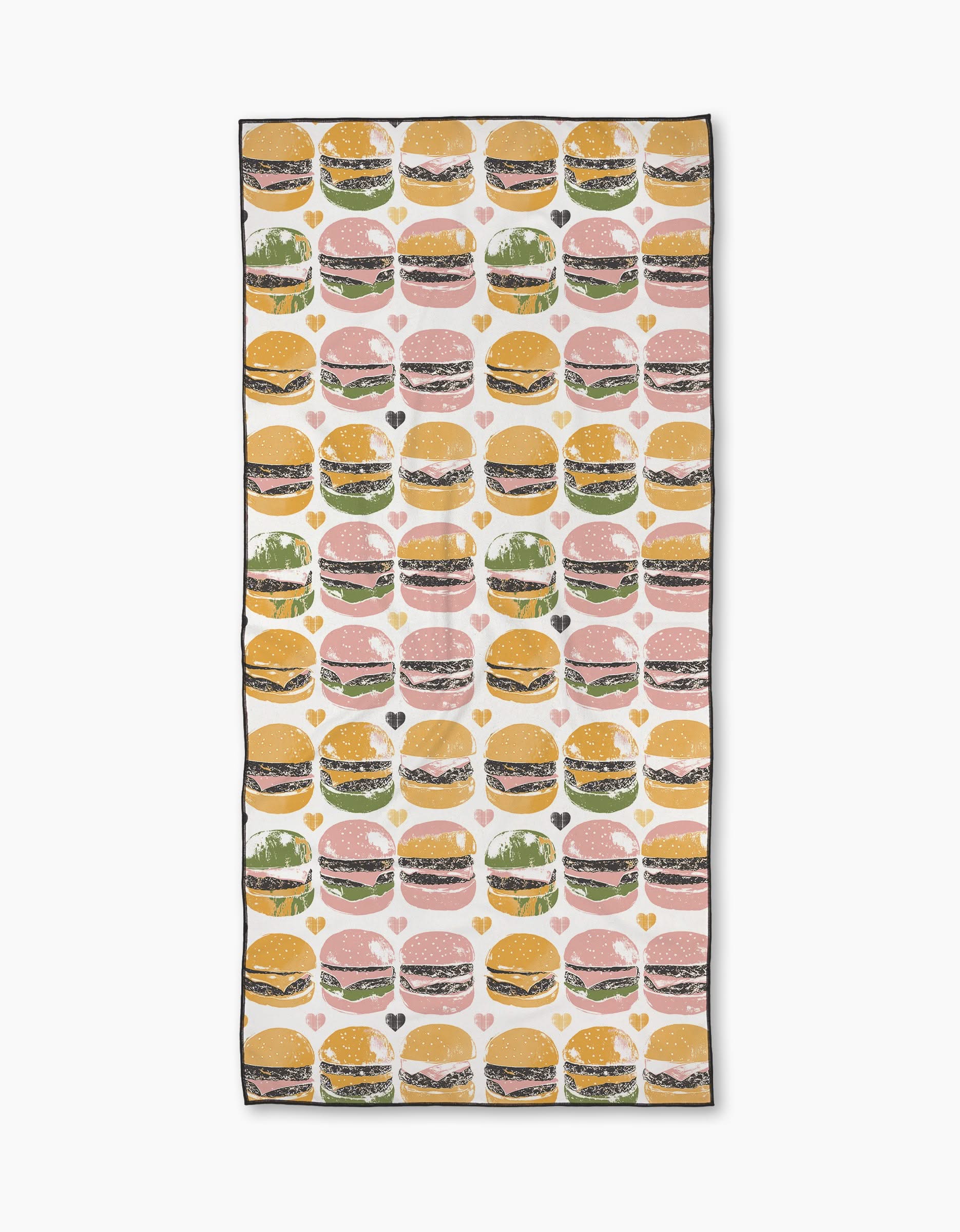 The Geometry On The Grill beach towel features a repeating cheeseburger pattern in yellow, green, pink, and brown on white. Made from quick-drying recycled materials for eco-friendly style and convenience.
