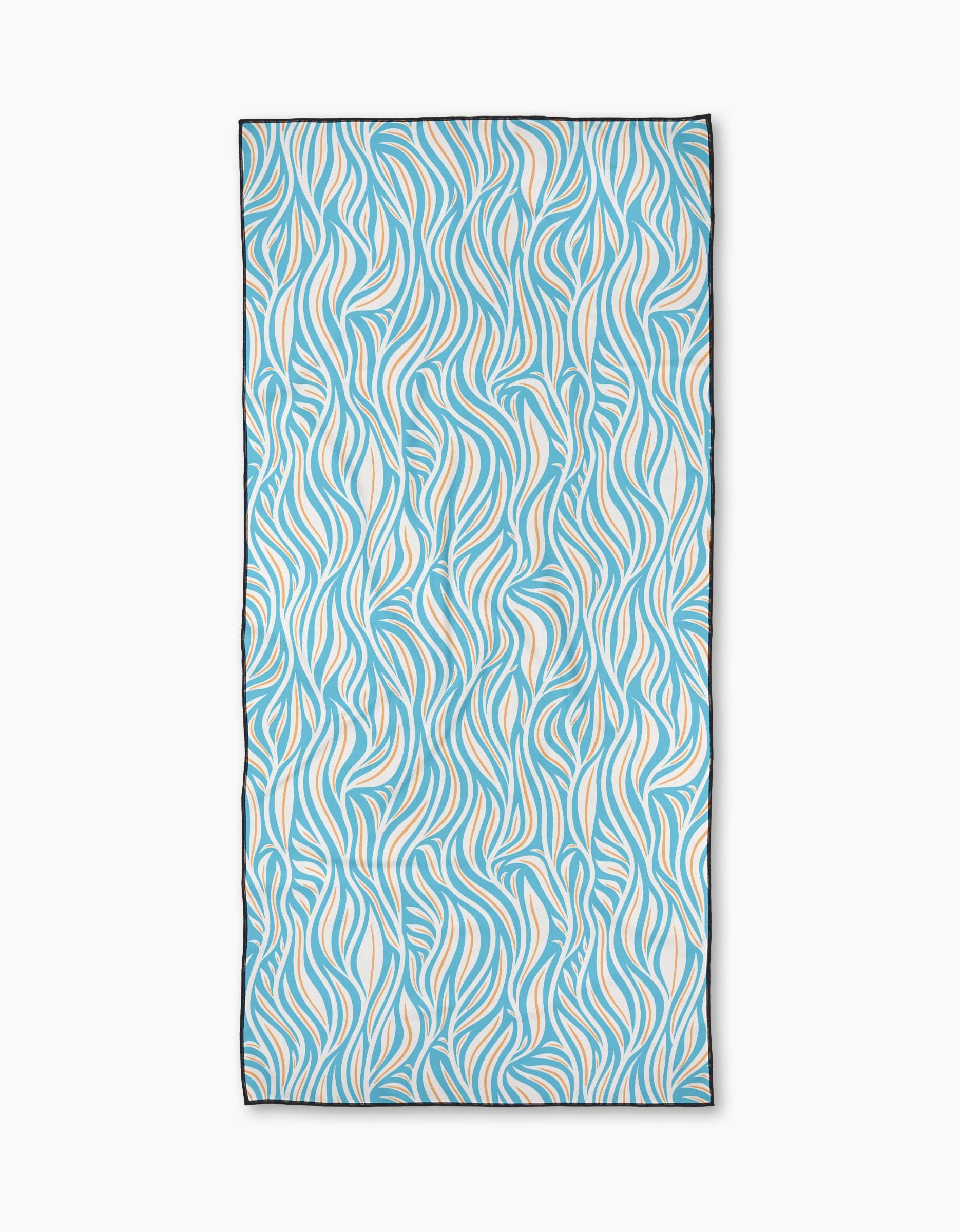 The Rachel Parker Sky Willow Wave is a rectangular micro-loop beach towel with a wavy blue and beige abstract pattern on white, thin black border, and made from recycled materials for quick-drying, eco-friendly performance.