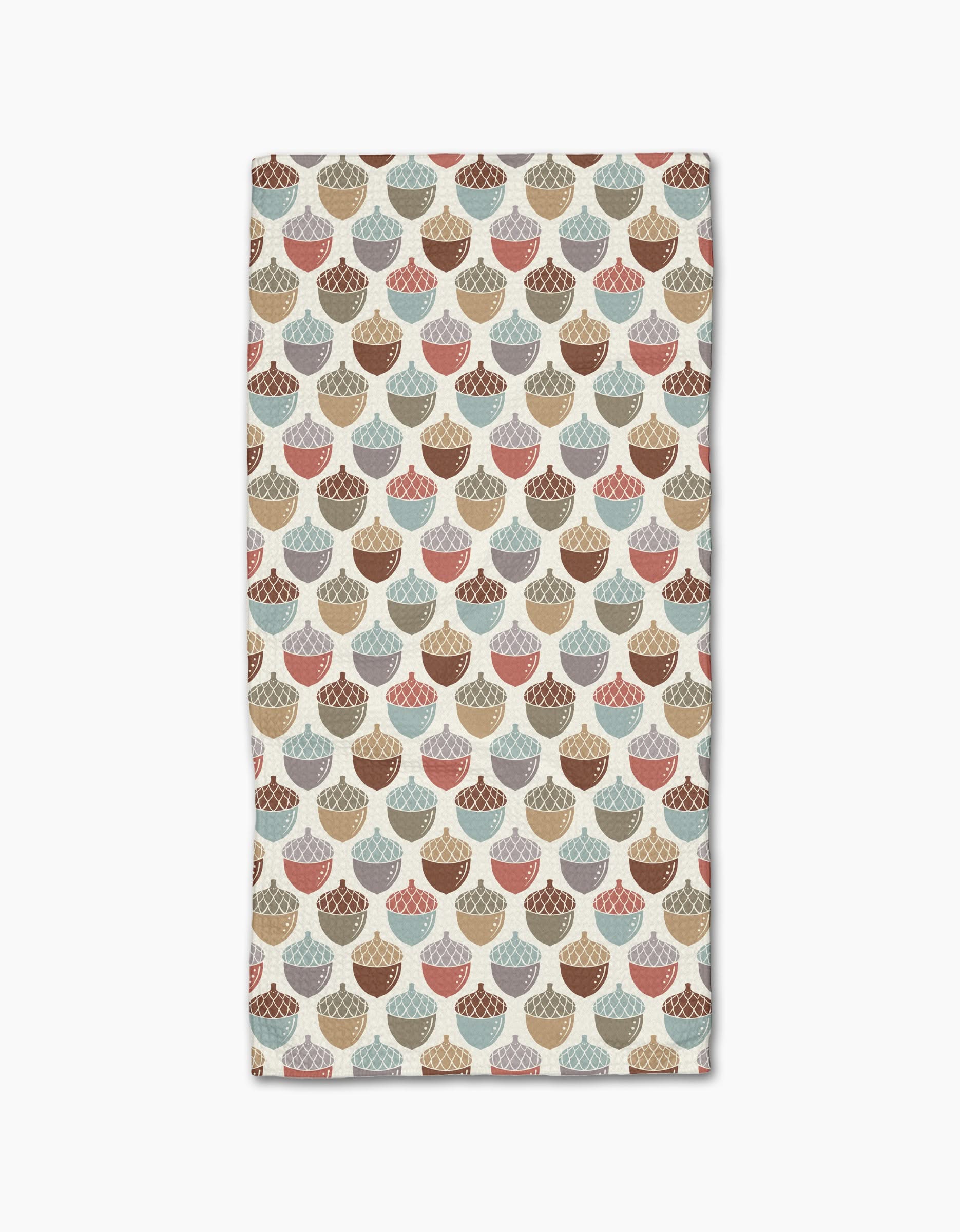The Acorn Waltz bar towel by Sarah Daugherty is rectangular, ultra-absorbent, and made from recycled materials. It features a repeating acorn pattern in brown, beige, blue, and red on a light background.
