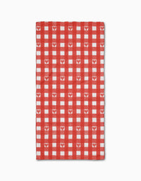 The Amorcito Gingham Bar Towel by Geometry features a red and white checkered Geoweave fabric with small white hearts in the red squares, shown flat on a white background.