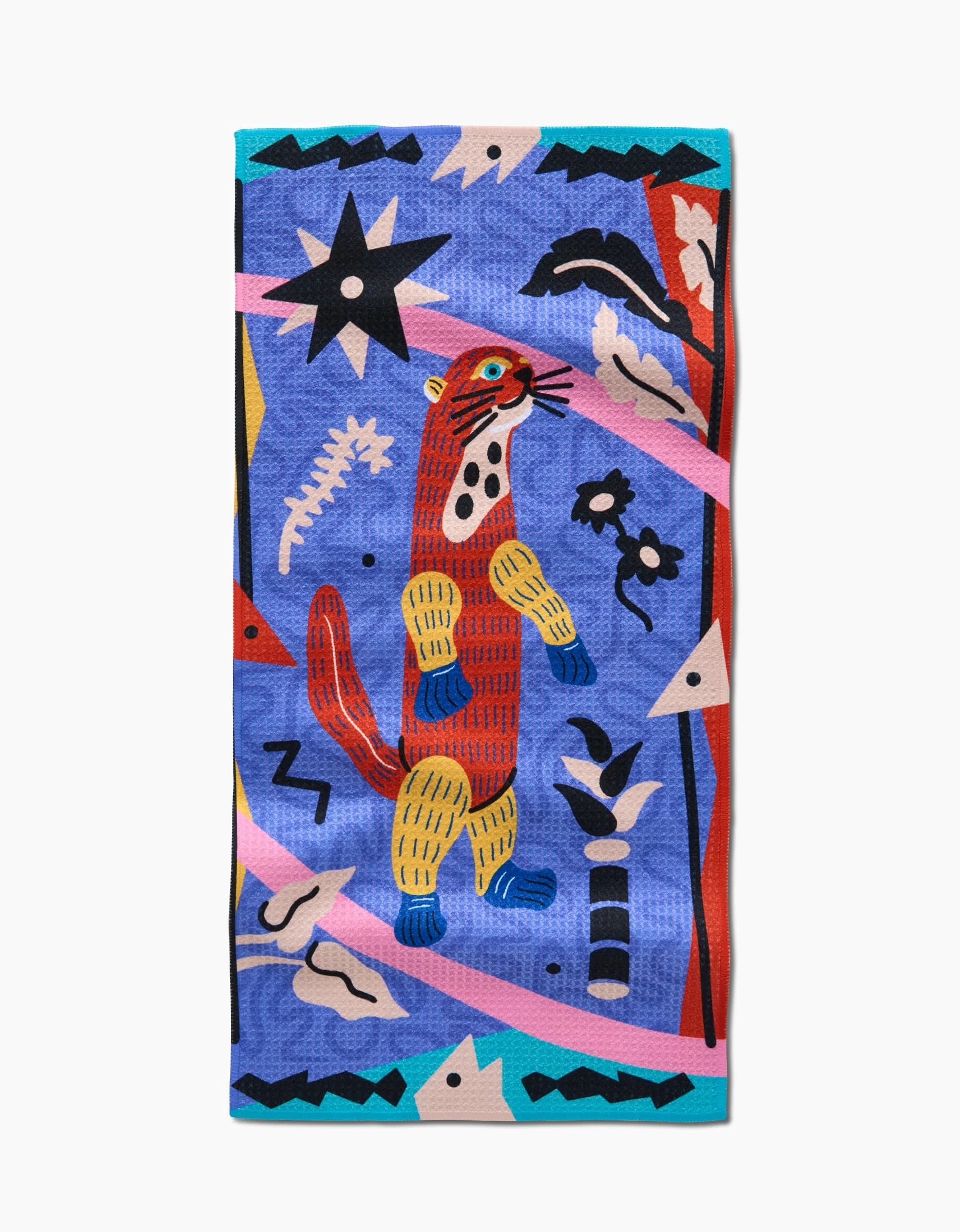 The Ariranha bar towel by Camila Leão displays a playful yellow and red abstract otter with geometric shapes, plants, and fish on blue. Made from ultra-absorbent Geoweave fabric for a stylish, functional touch to your bar.