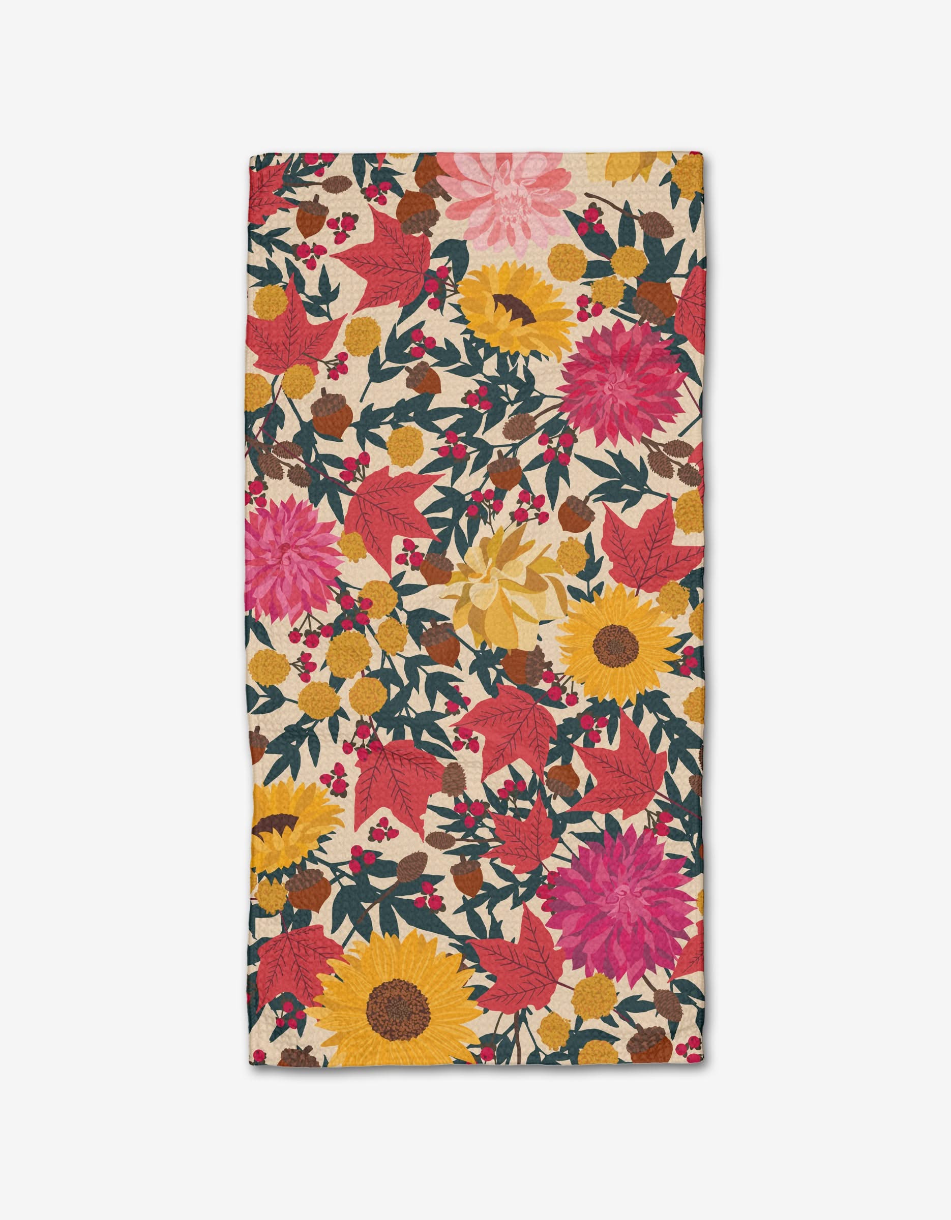 The Rebecca Bobko Autumn Blooms Bar Towel showcases sunflowers, dahlias, and red maple leaves on cream Geoweave fabric, offering vibrant style with superior absorbency and durability.