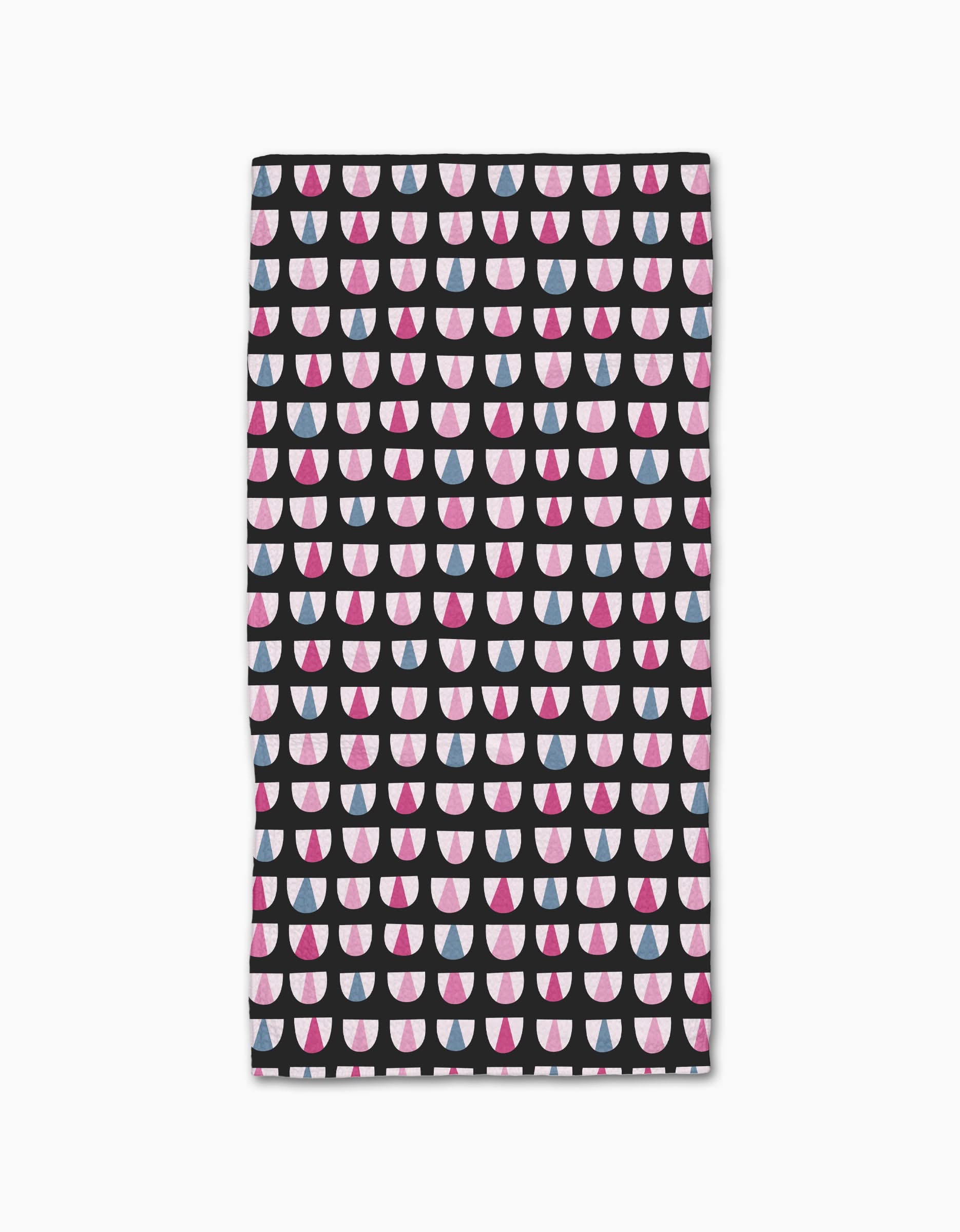 The Bug Boogie Bar Towel by Anette Heiberg features a modern geometric design with three-segment semicircles in pink, white, and blue on black. Crafted from durable Geoweave fabric for style and long-lasting use.