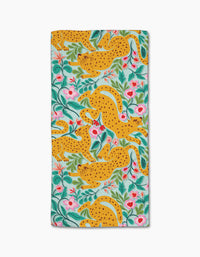 Cheetah Haven by Jasmine Blooms Designs is a rectangular ultra-absorbent towel made from recycled materials, featuring yellow cheetahs, green leaves, and pink flowers on a light blue background for vibrant, eco-friendly style.