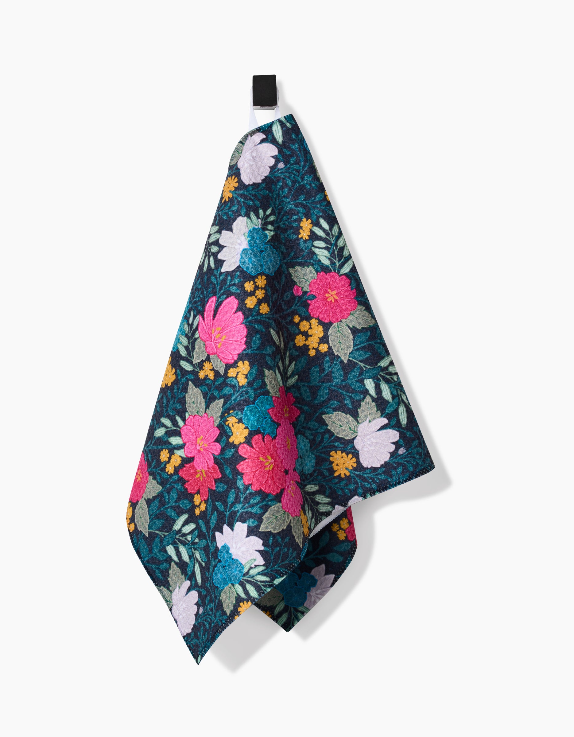 The Flower Bouquets bar towel by Katie OShea features a vibrant floral design with pink, yellow, teal, and white flowers on durable Geoweave fabric. It hangs from a black loop against a plain white background for added style and absorbency.