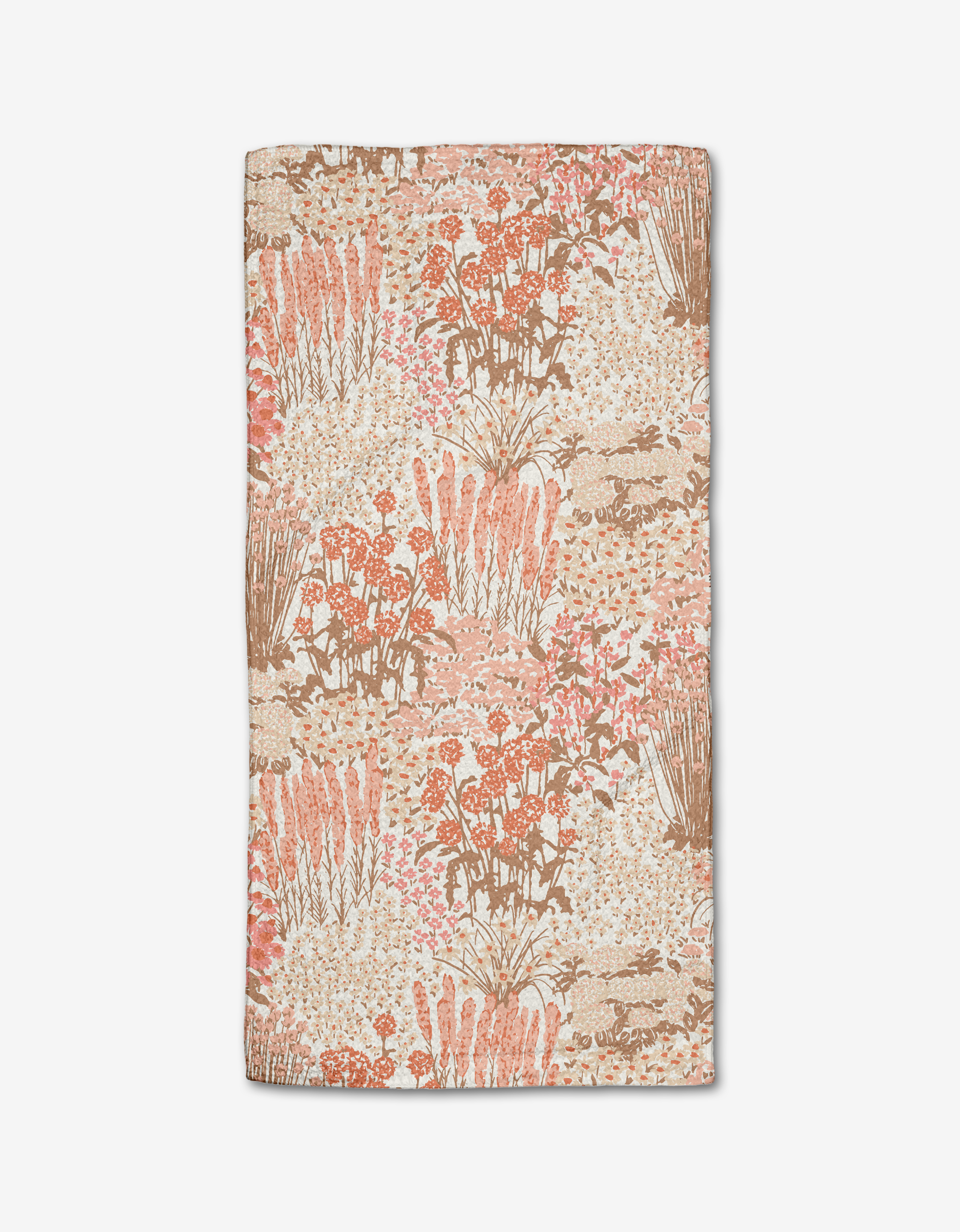 The Garden Bloom bar towel by Hufton Studio is rectangular and beige, featuring a repeating brown, pink, and orange floral and grass pattern. Made from recycled materials for eco-friendly style.