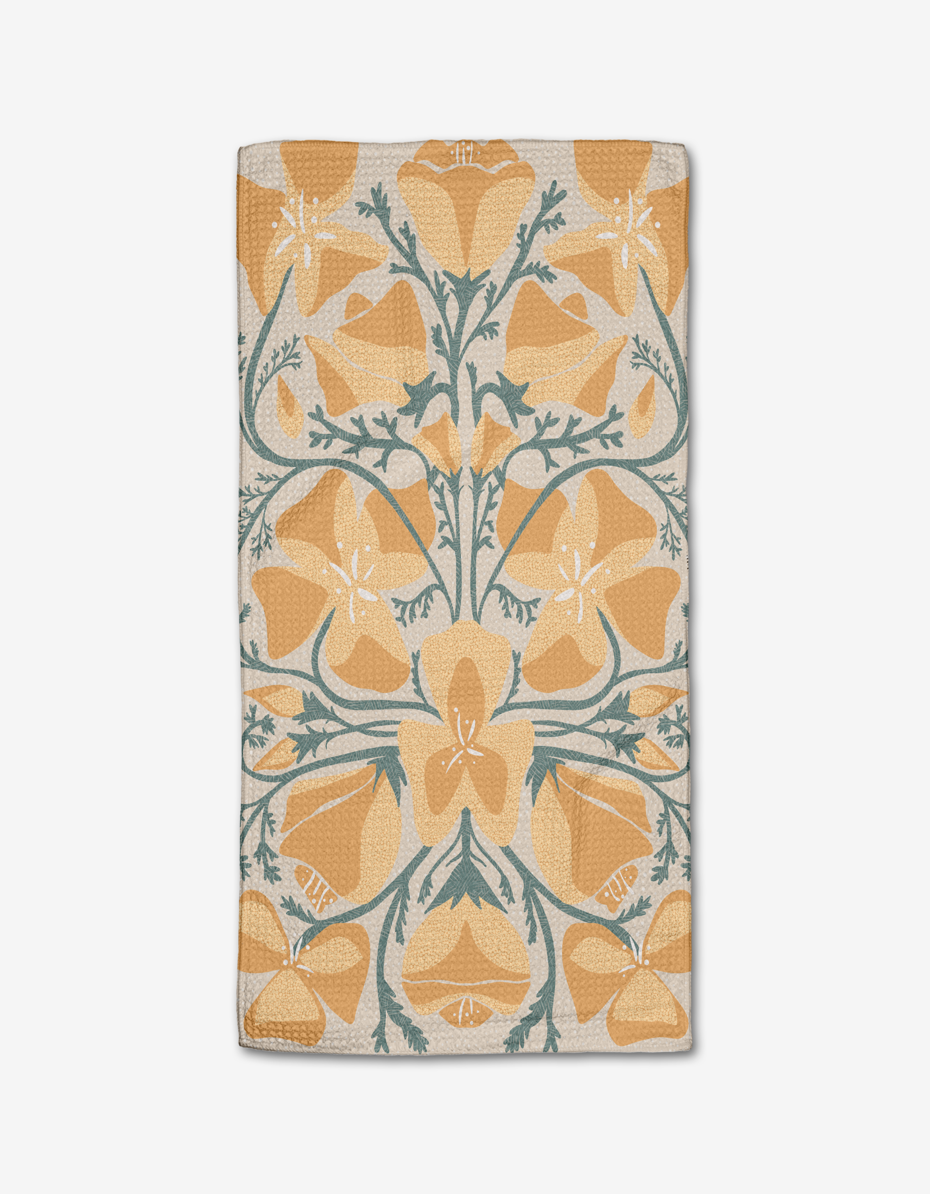 The Julianne Haness Golden Poppy Bar Towel features a symmetrical floral design in mustard yellow and muted green on beige Geoweave fabric.