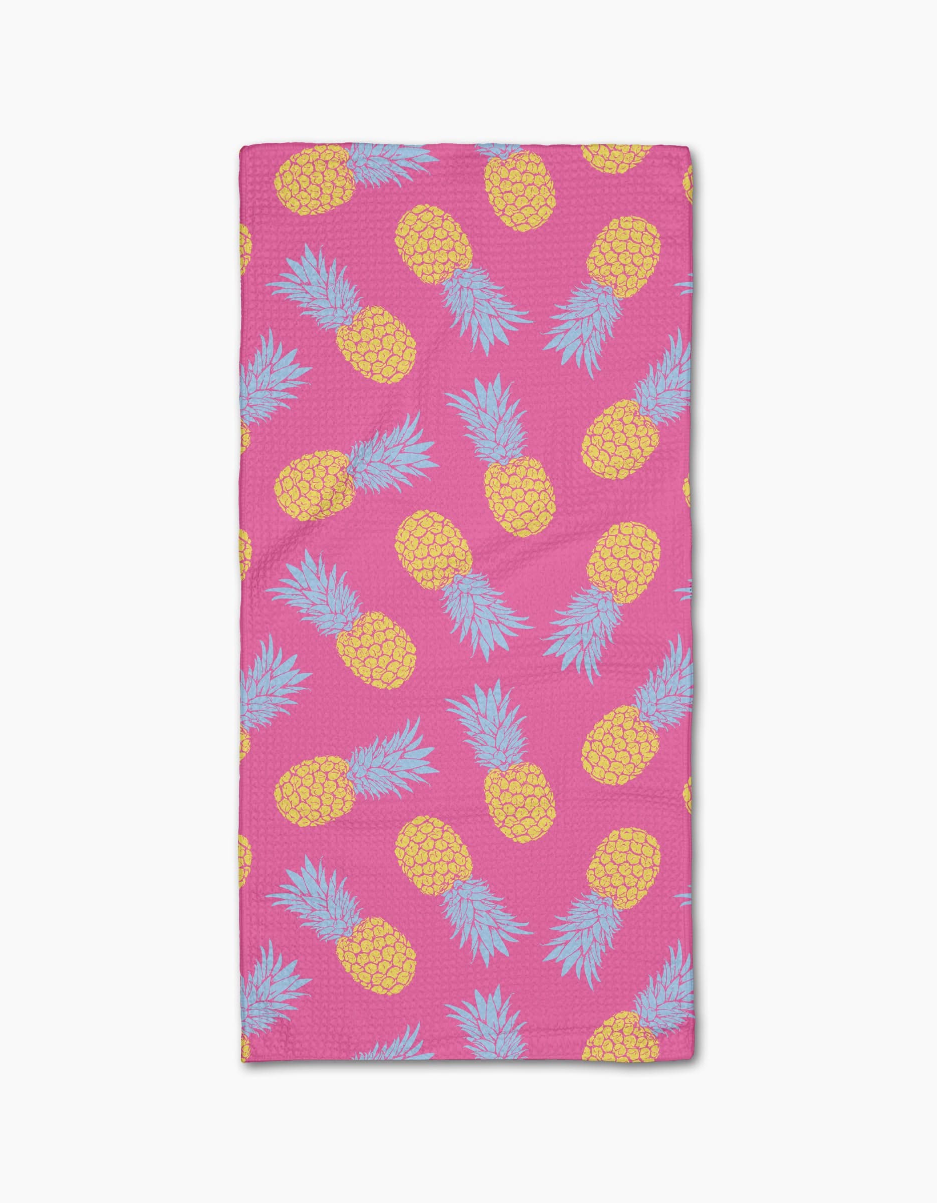 The Ashley Celena Juicy Pineapples Bar Towel features a pink design with yellow pineapples and blue-green leaves, crafted from soft Geoweave fabric for top absorbency.