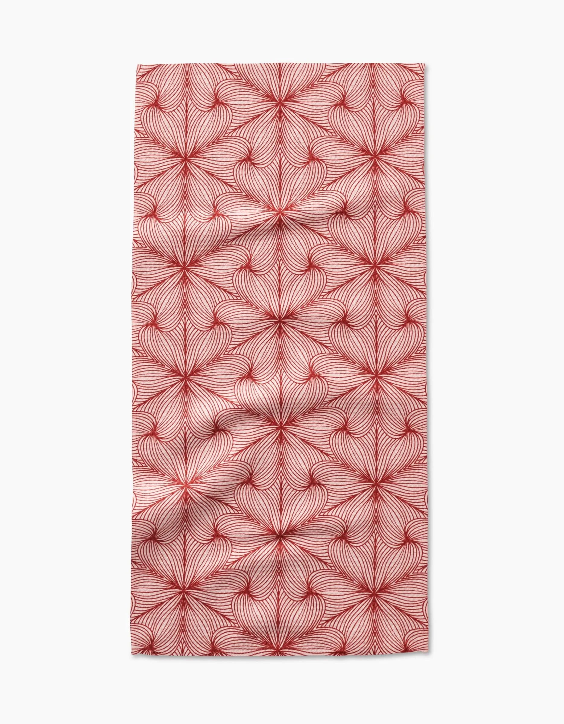 The Lined Bar Towel by Marta Harvey features red, petal-like geometric lines radiating in star-shaped patterns on a white Geoweave fabric, creating a symmetrical and stylish rectangular design.
