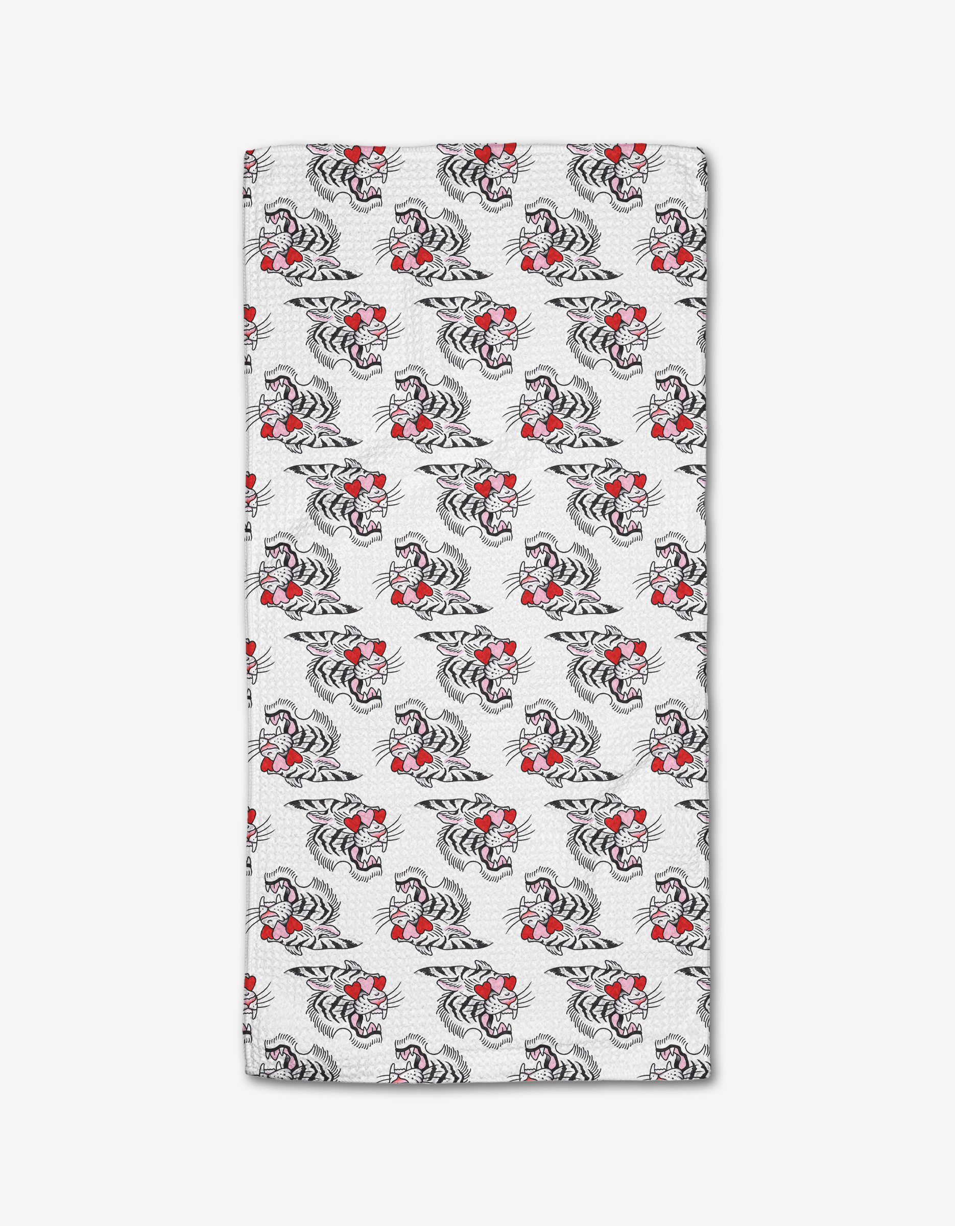 The Cole Strem Love Tiger bar towel showcases playful cartoon tigers in red boxing gloves on soft Geoweave fabric for excellent absorbency and durability.