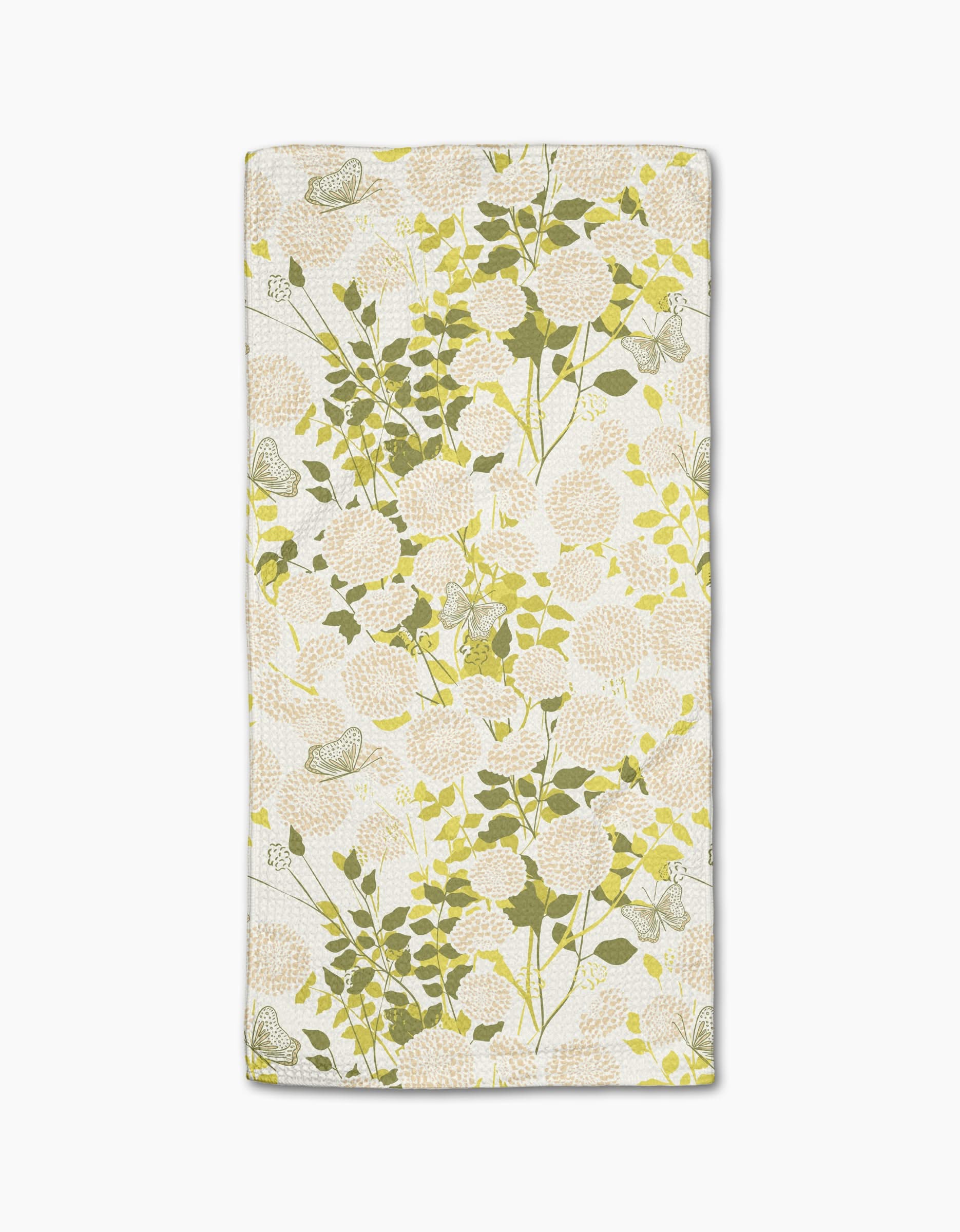 The Lush Garden Bar Towel by Second Nature Studio features a floral pattern with yellow flowers, green leaves, and birds on white Geoweave fabric. Its intricate all-over design adds a charming, stylish touch to your kitchen or bar.