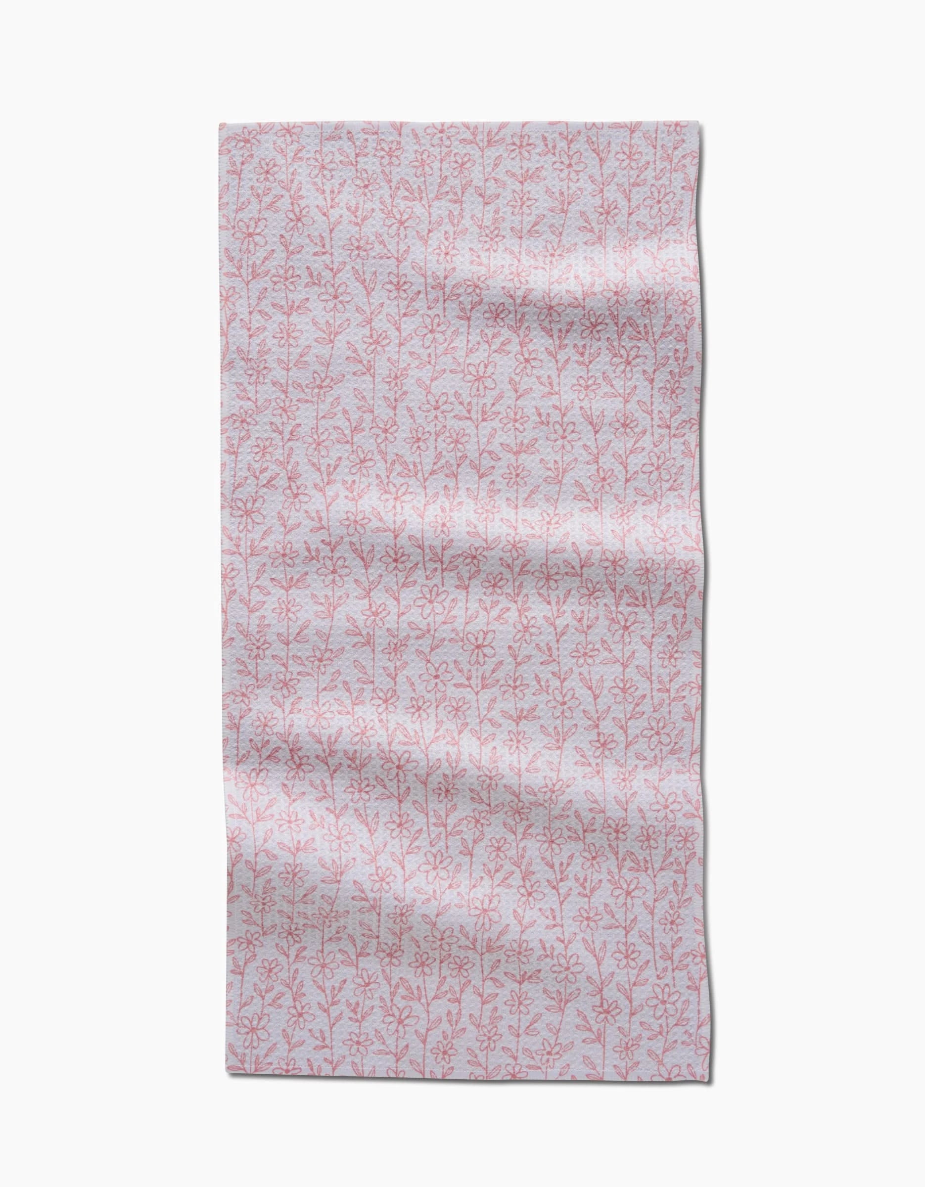 The Minimalist Blush Bar Towel by Teri the Butter features a light pink rectangle with a repeating dark pink coral-like branch pattern, made from ultra-absorbent Geoweave fabric and displayed flat with gentle wrinkles.