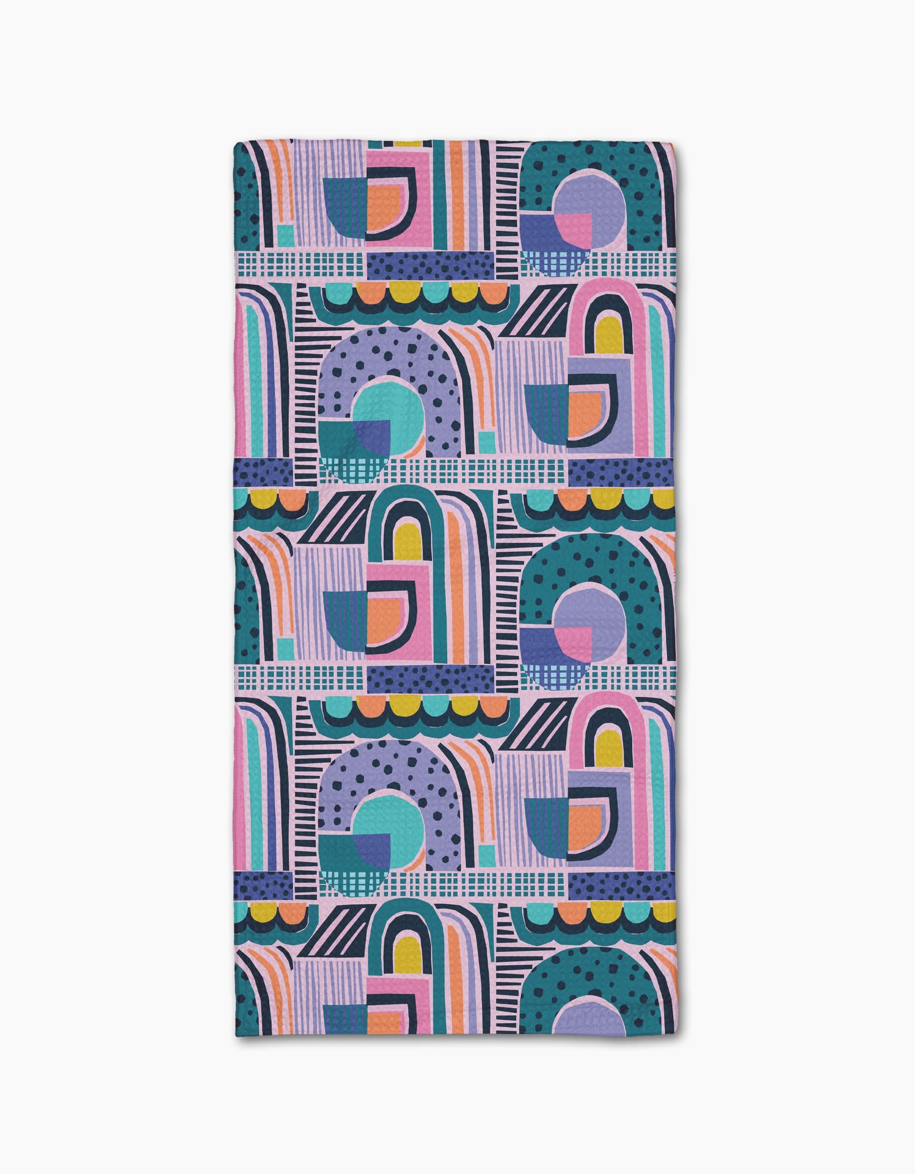 The New Dawn bar towel by Masha Volnova features a vibrant geometric abstract design on white, made from soft Geoweave fabric for superior absorbency.