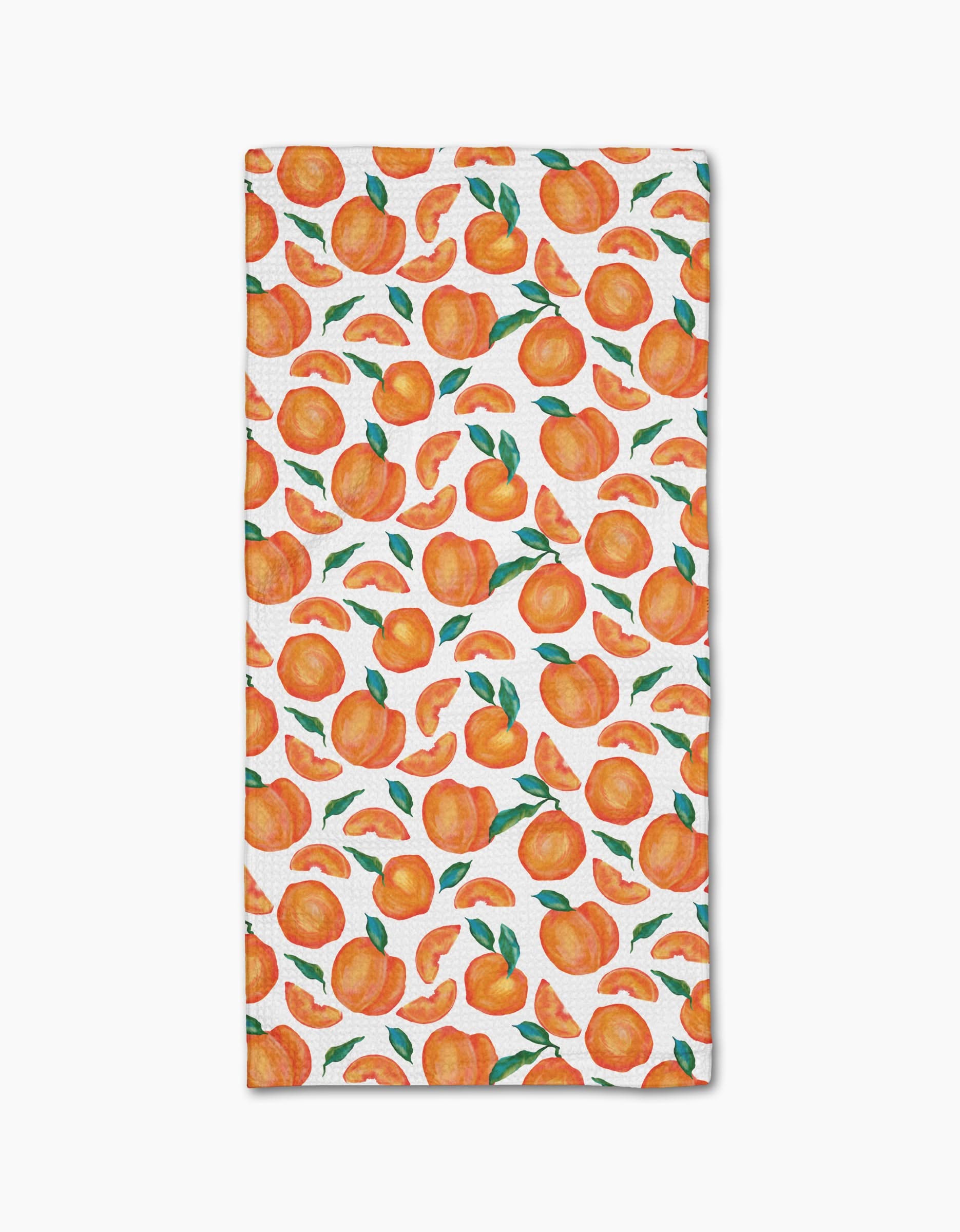 Peach Season by Aubrey Fairchild is a rectangular white bar towel with whole peaches, peach slices, and green leaves in a watercolor style on ultra-absorbent Geoweave™ fabric.