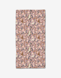 The Elisabeth Wing Peach Tree bar towel features a whimsical pattern of owls, rabbits, and birds among branches on a light pink background, crafted from recycled materials in soft pink, beige, brown, and blue tones.