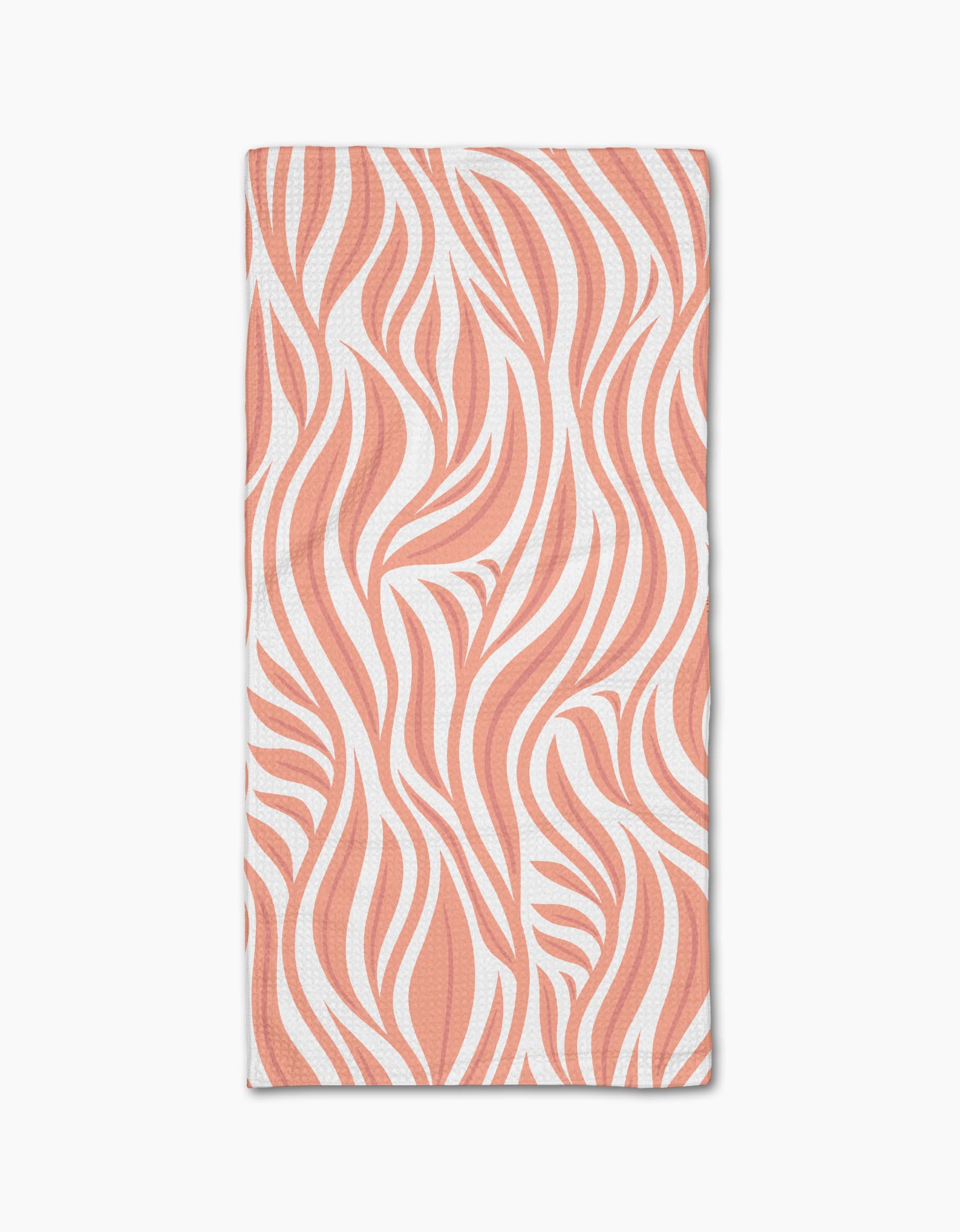 The Rachel Parker Peach Willow Wave bar towel features a wavy, abstract peach and white pattern on Geoweave fabric made from recycled materials. The background is plain white.
