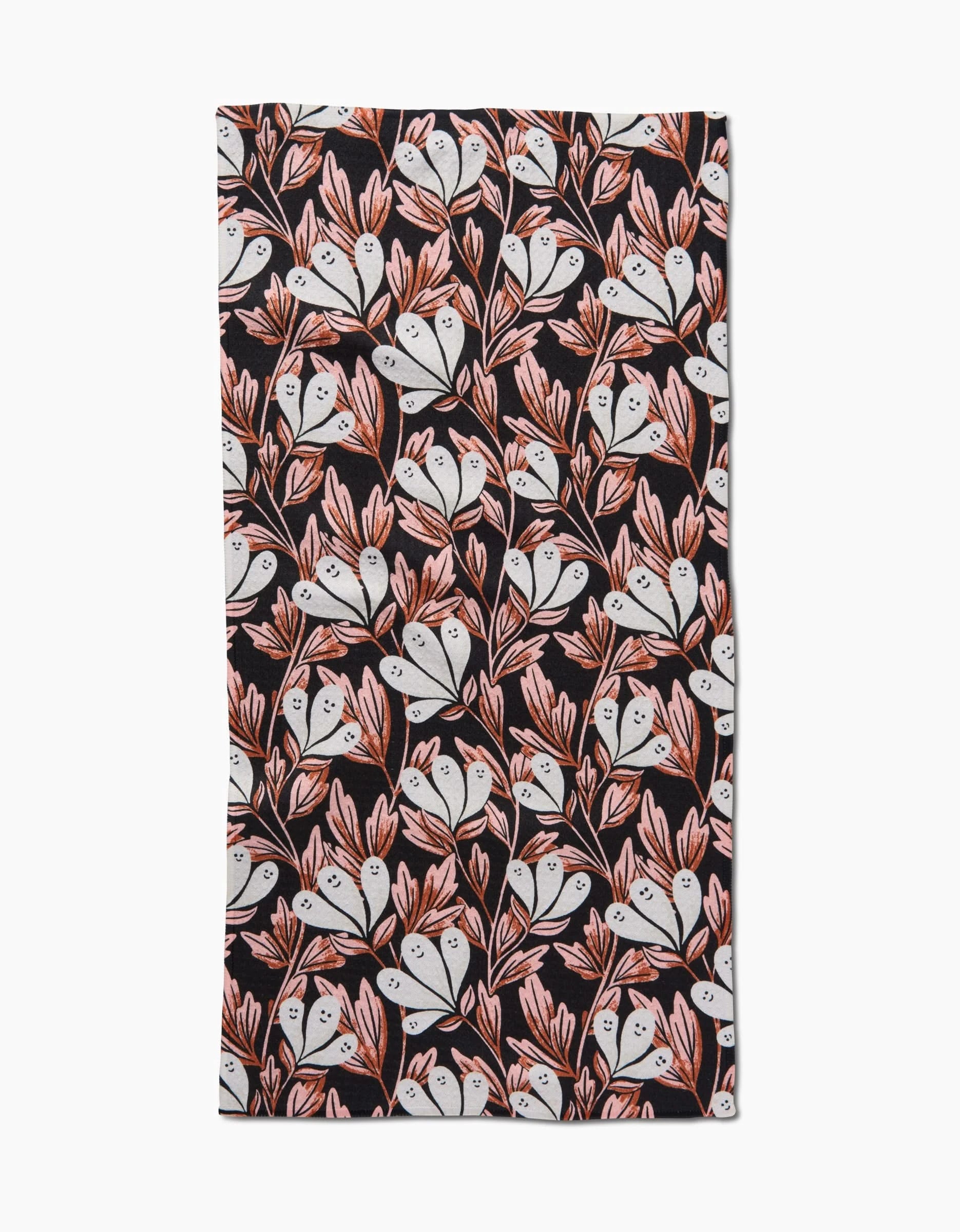 The Phantom Floral towel by Sarah Daugherty is ultra-absorbent and rectangular, featuring a bold pattern of white birds and red leaves on black—a densely arranged design that blends practicality with striking visual appeal.