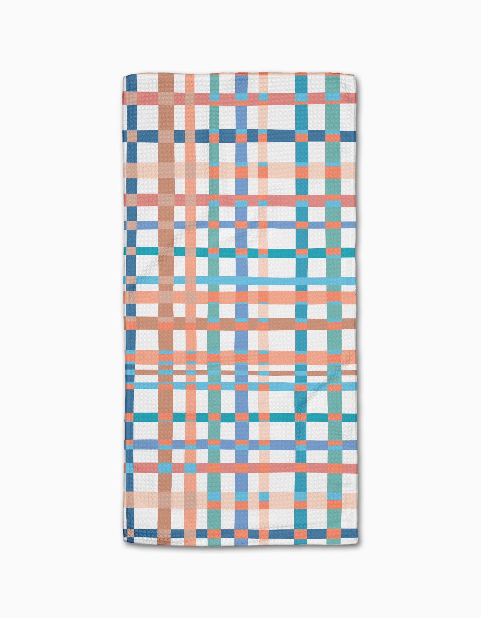 The Rachel Parker Picnic Perfect Bar Towel features a vibrant blue, teal, orange, brown, and white plaid pattern on Geoweave fabric, neatly folded and displayed on a plain white background.