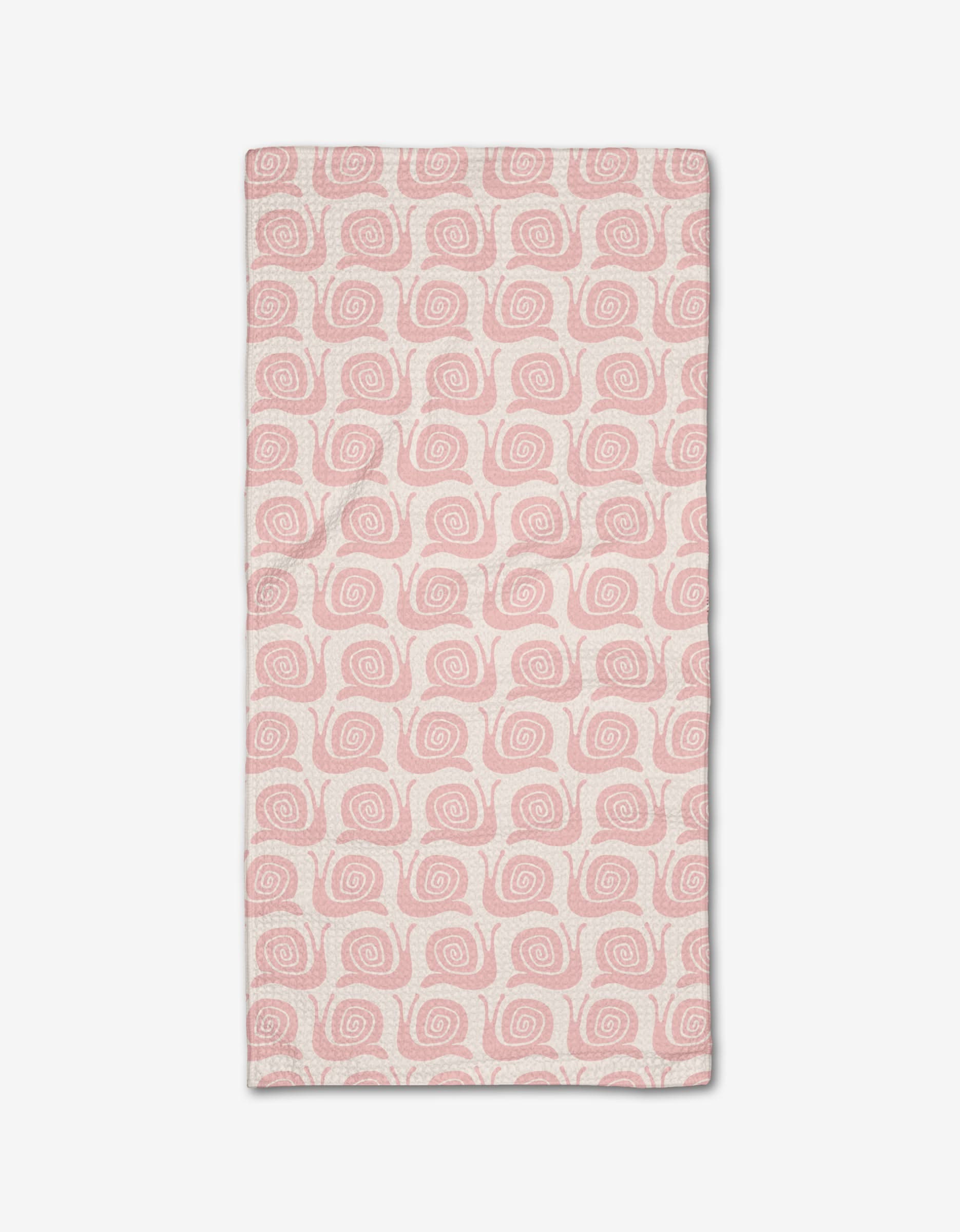 The Kayla Ann Pink Snail Party Bar Towel features pink and white snail illustrations on ultra-absorbent Geoweave fabric, adding style and function to any setting.