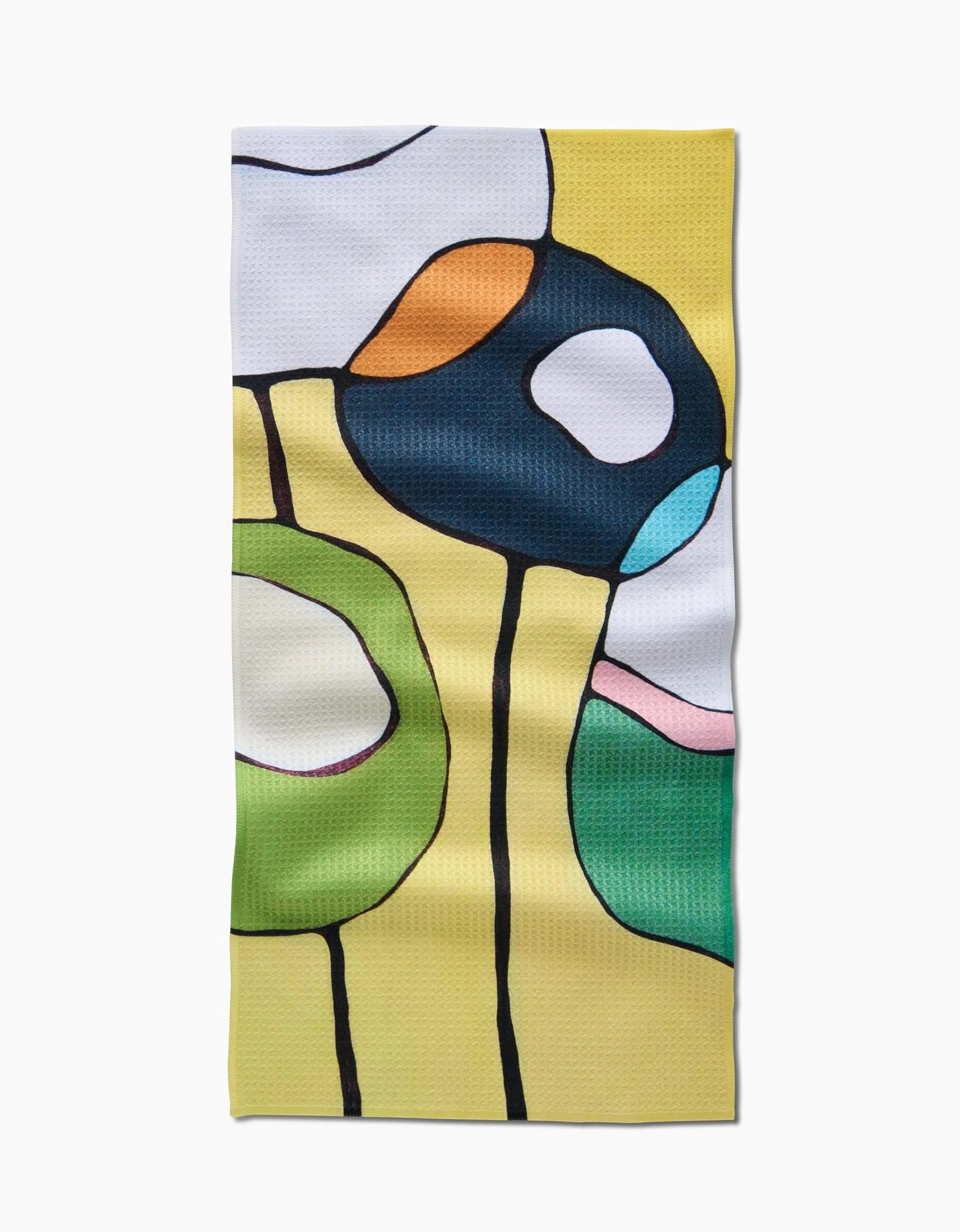 The Poppies on Yellow rectangular bar towel by Rachel Austin is made from Geoweave fabric and features an abstract design with colorful shapes outlined in black on a vibrant yellow background.