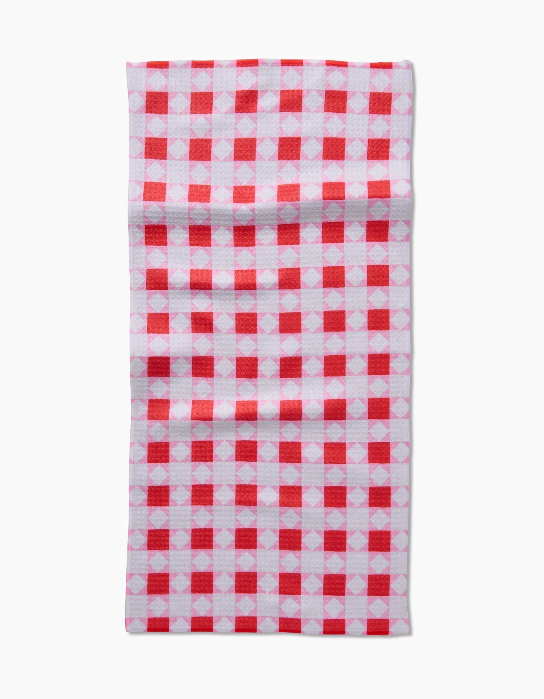 The Quilt Block Pink Andred by Brittany Jepsen features a red and white checkered pattern on Geoweave fabric, displayed flat against a white background.