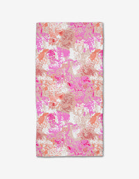 The Rawhide Bar Towel by Elisabeth Wing features an abstract, multicolored brushstroke pattern in pink, coral, orange, and white on Geoweave fabric.
