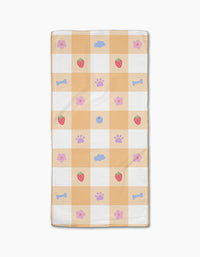 Summer Picnic Dreams by Letters By Shells is a rectangular bar towel with a yellow and white checkerboard pattern featuring strawberries, blue bones, purple paw prints, and blue clouds. Ultra-absorbent and eco-friendly, its made from recycled materials.