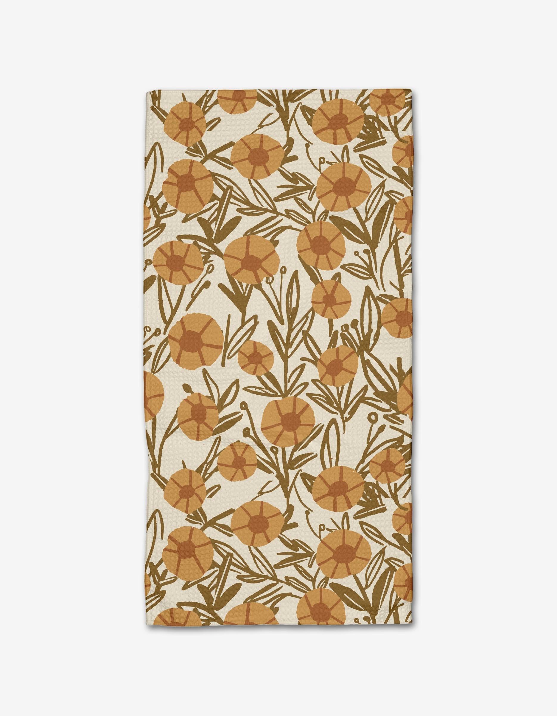 The Sunflower Fields cloth napkin by Janna Sue Design features Geoweave fabric with a beige base and an all-over print of orange and yellow stylized flowers with green leafy stems.