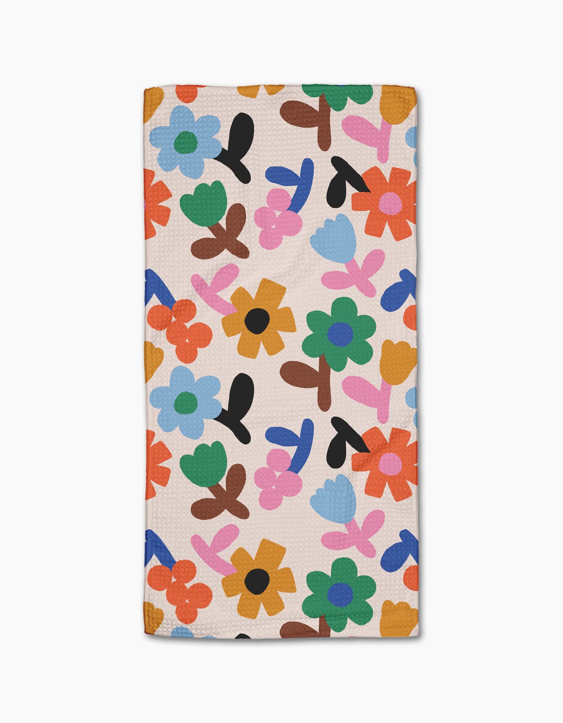 The Sunny Bloom rectangular bar towel by Jennifer Bouron features a vibrant abstract floral design on a light beige background, crafted from ultra-absorbent Geoweave fabric.