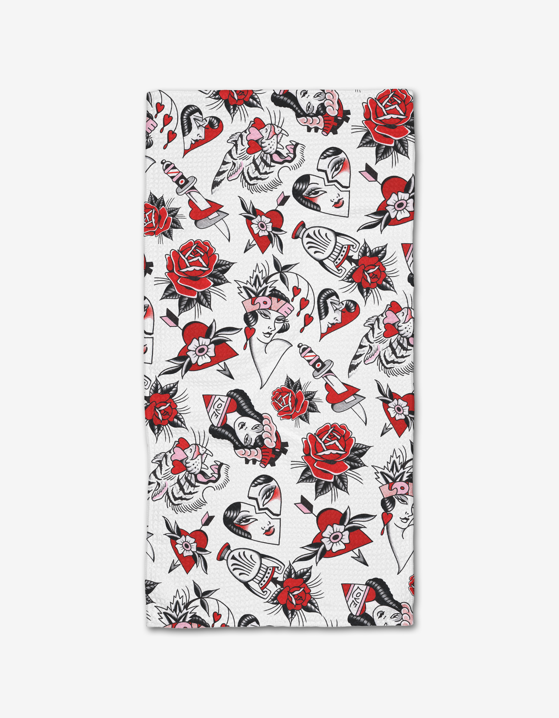 Valentines Flash by Cole Strem is a rectangular white bar towel made from Geoweave fabric, showcasing red roses, daggers, and stylized faces in a bold black-outlined traditional tattoo art style.